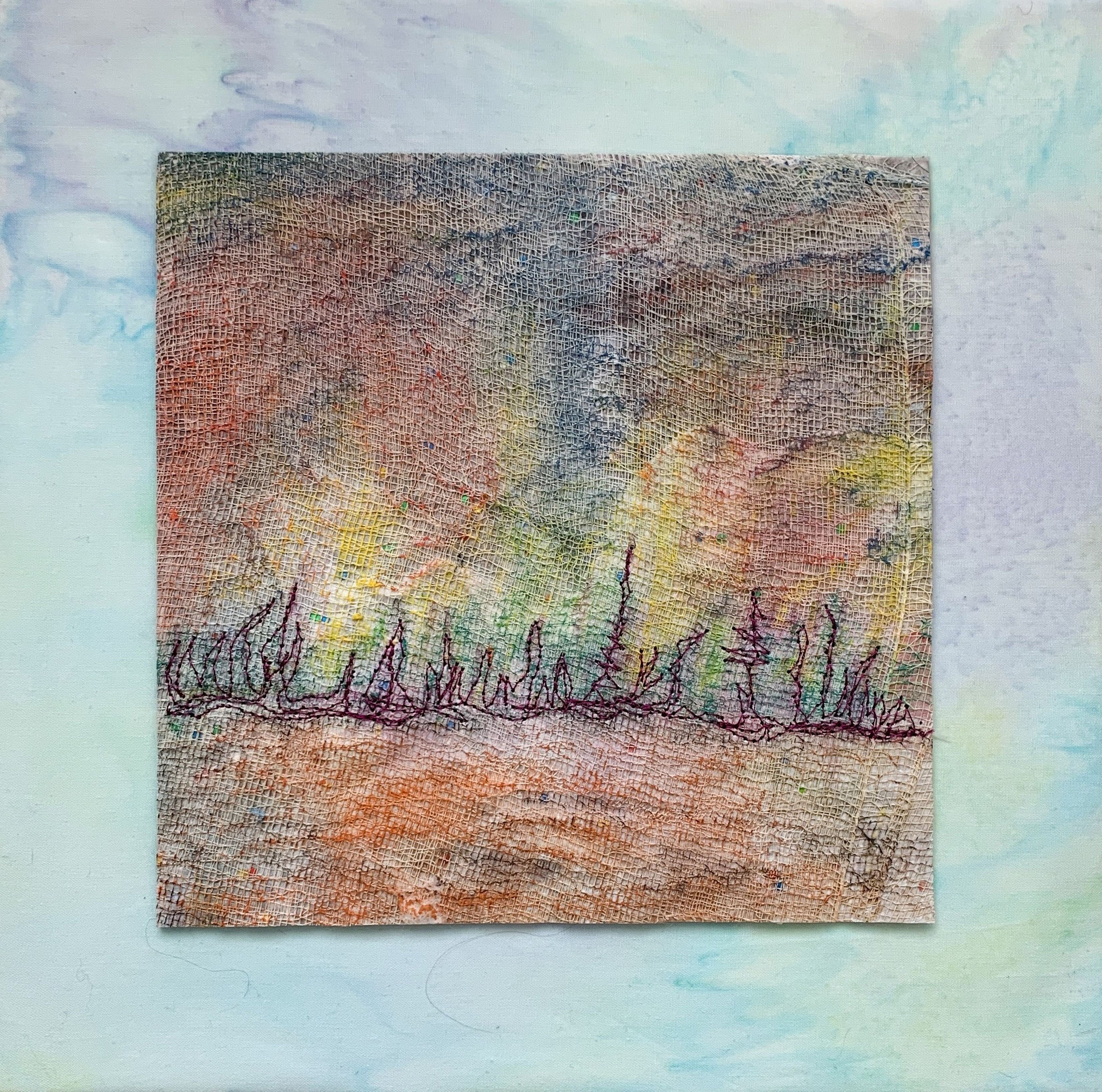 NORTHERN LIGHTS ON THE NORTH BACK LINE 10 x 10 Fibre mixed media 