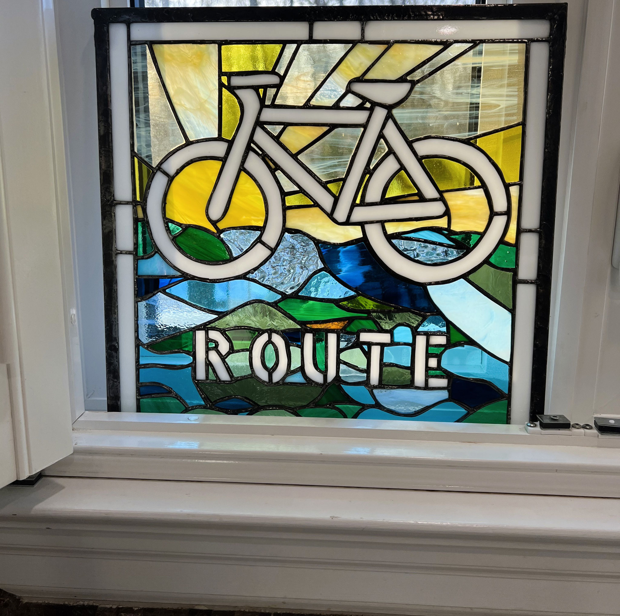 BIKE ROUTE SIGN SUNRISE 15 x 15 stained glass 