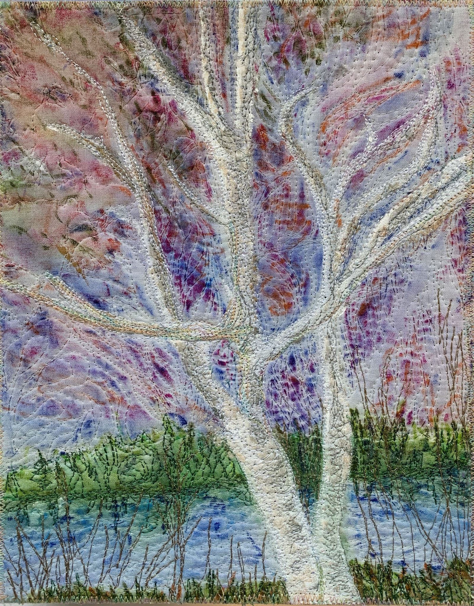 SUMMER BIRCH AT DAWN 8 x 10 Fibre mixed media 