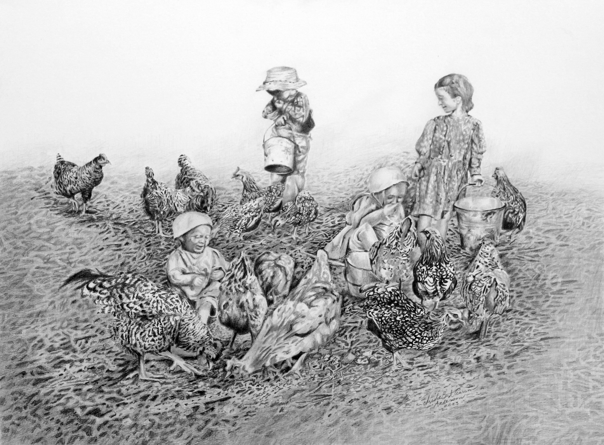FEEDING THE CHICKENS 16 x 20 graphite drawing 