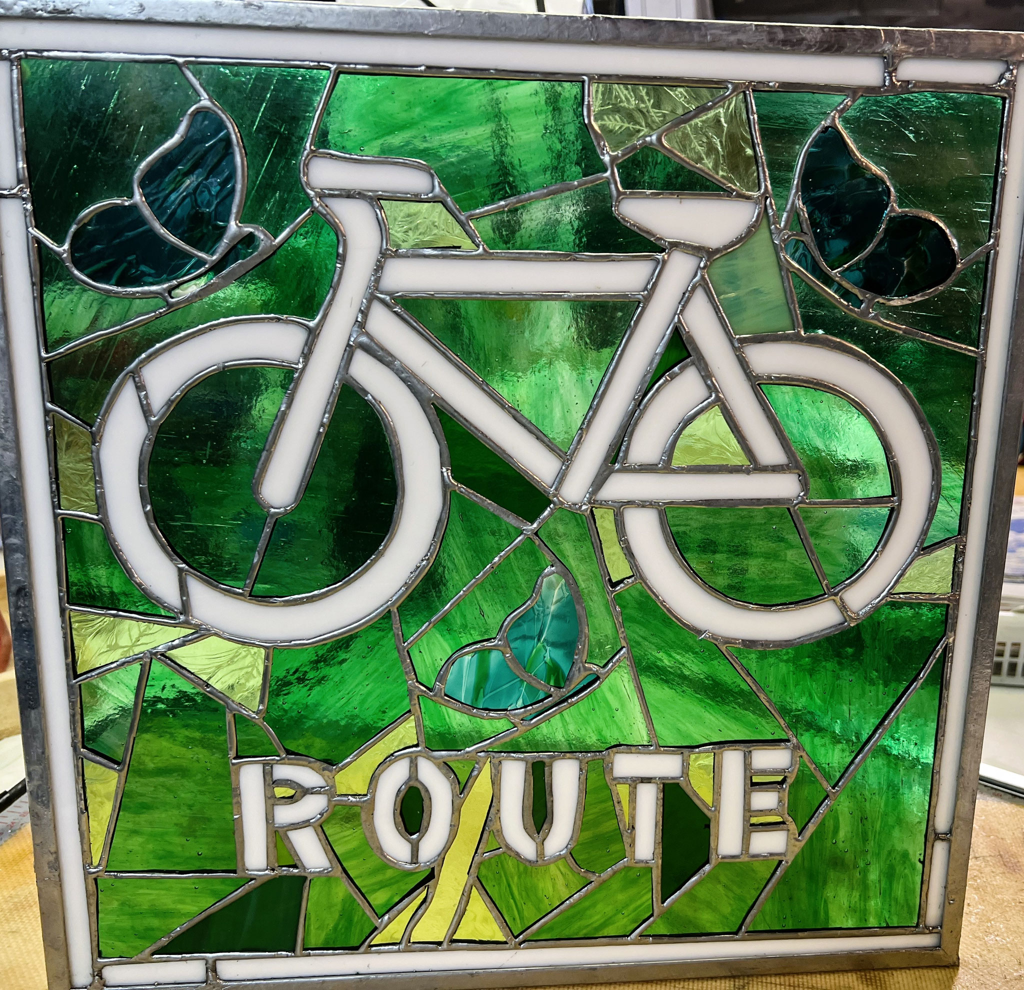 BIKE ROUTE SIGN BUTTERFLIES 15 x 15 stained glass