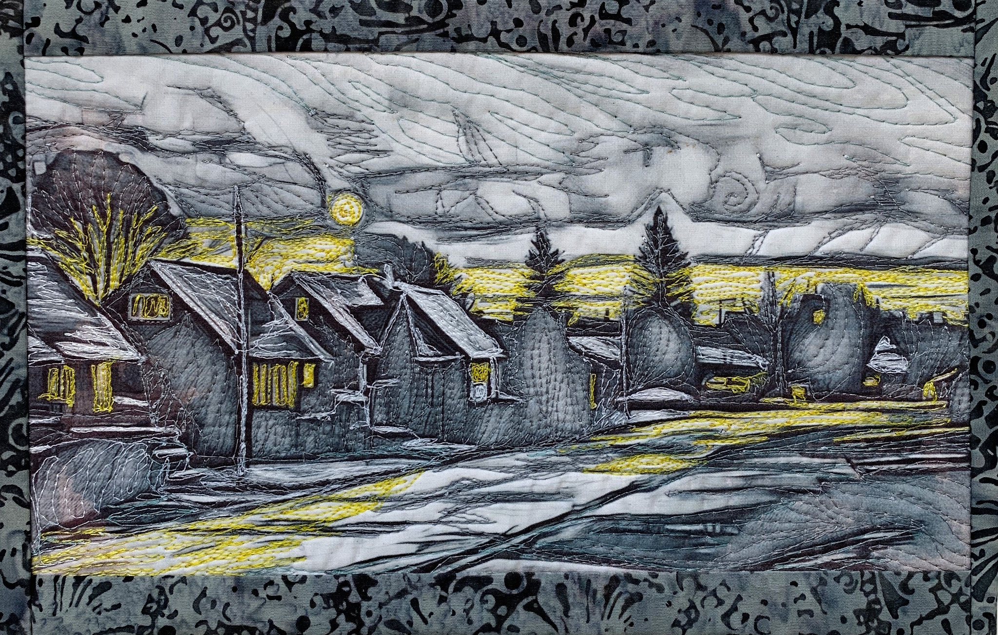 DAWN IN A MINING TOWN 8 x 10 Fibre thread painting 