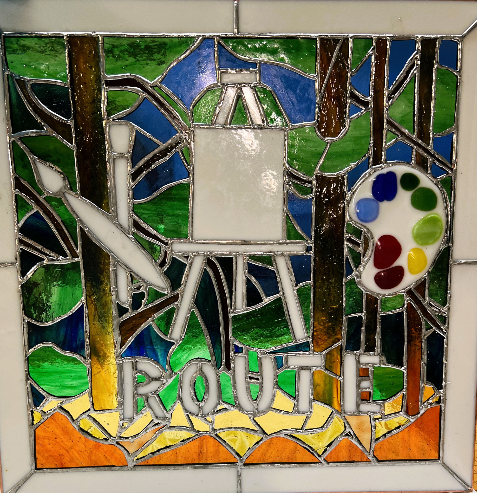 ARTIST ROUTE SIGN 15 x 15 stained glass by Jane Webber 