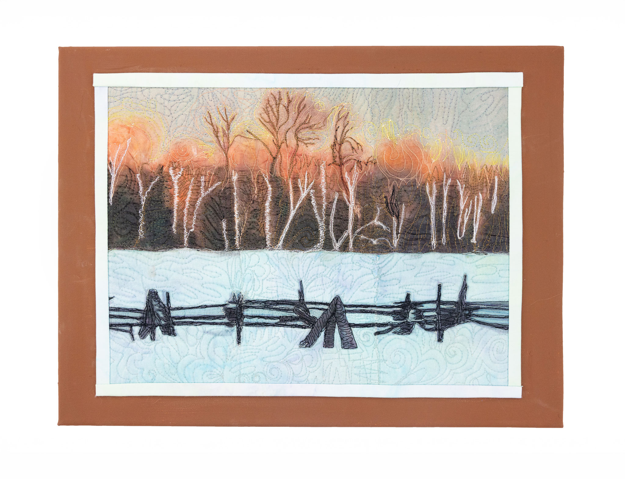 WINTER SUNSET  ON BIRCHES 12 X 16  Fibre mixed media