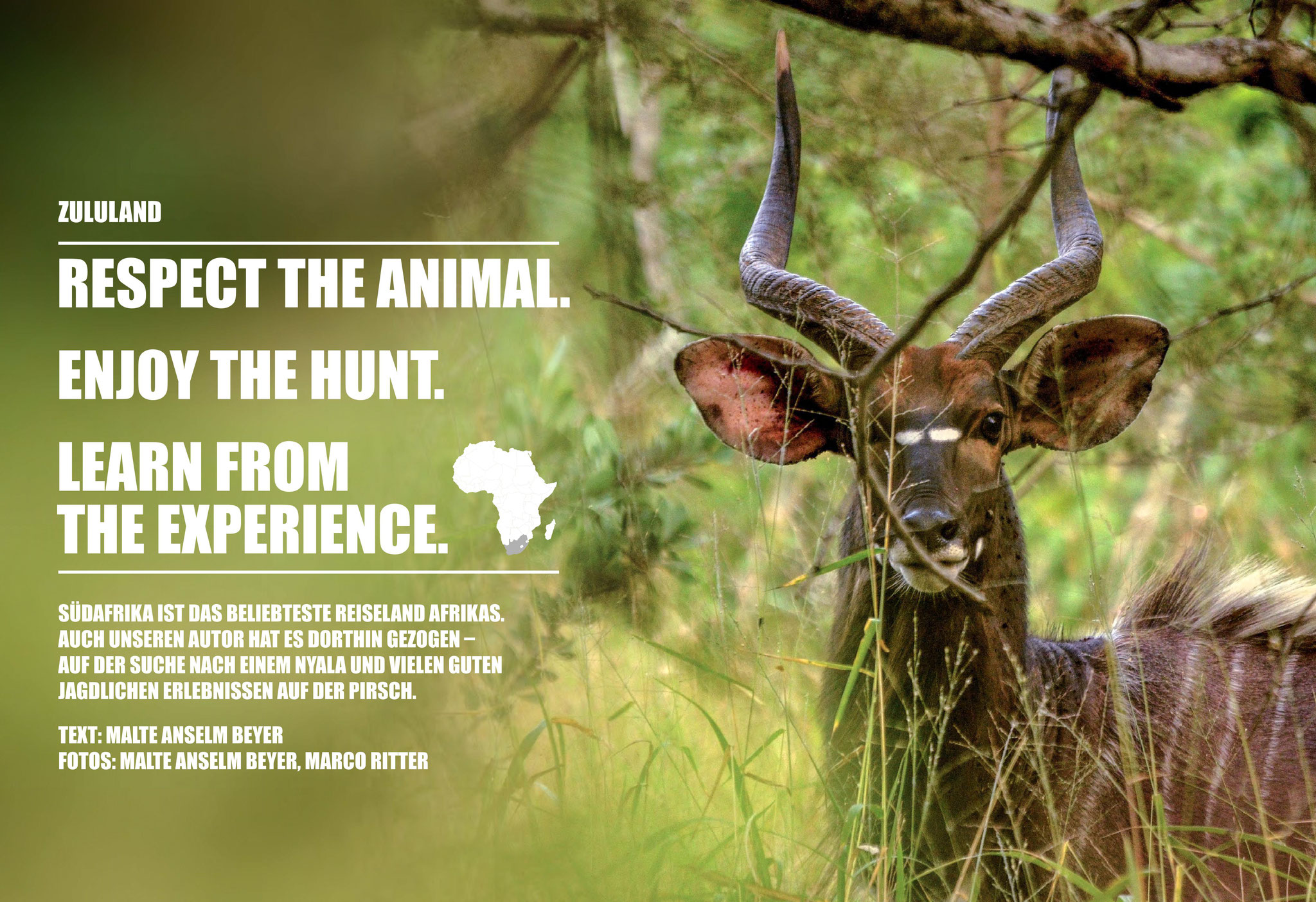 teilweise Bebilderung inkl. Leitbild des Artikels "Respect The Animal. Enjoy The Hunt. Learn From The Experience" in Jagdzeit International Nr. 28 (03/2016) 