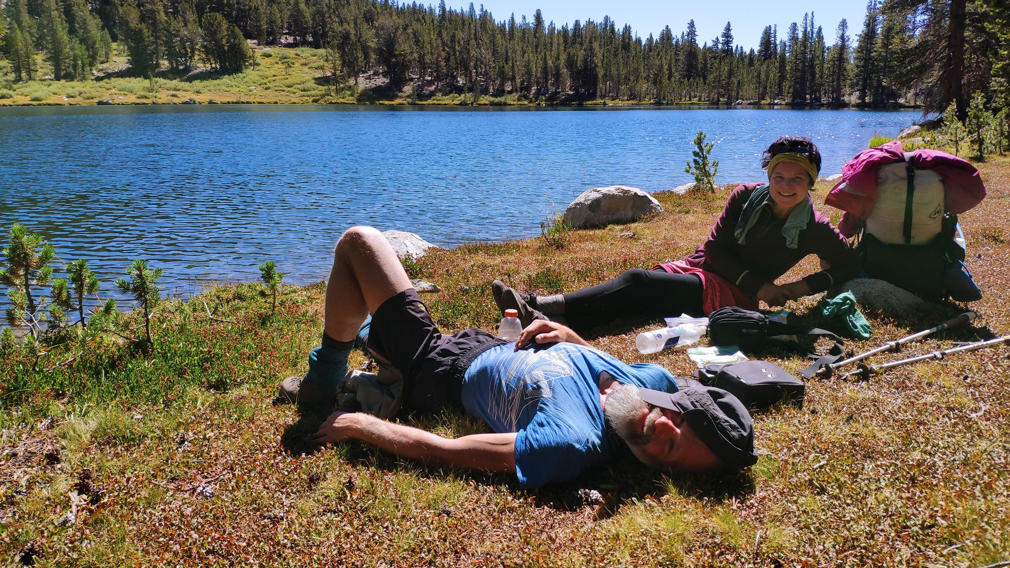 Lunch break in bright sunshine at Sallie Keyes Lake, Sierra Nevada, California