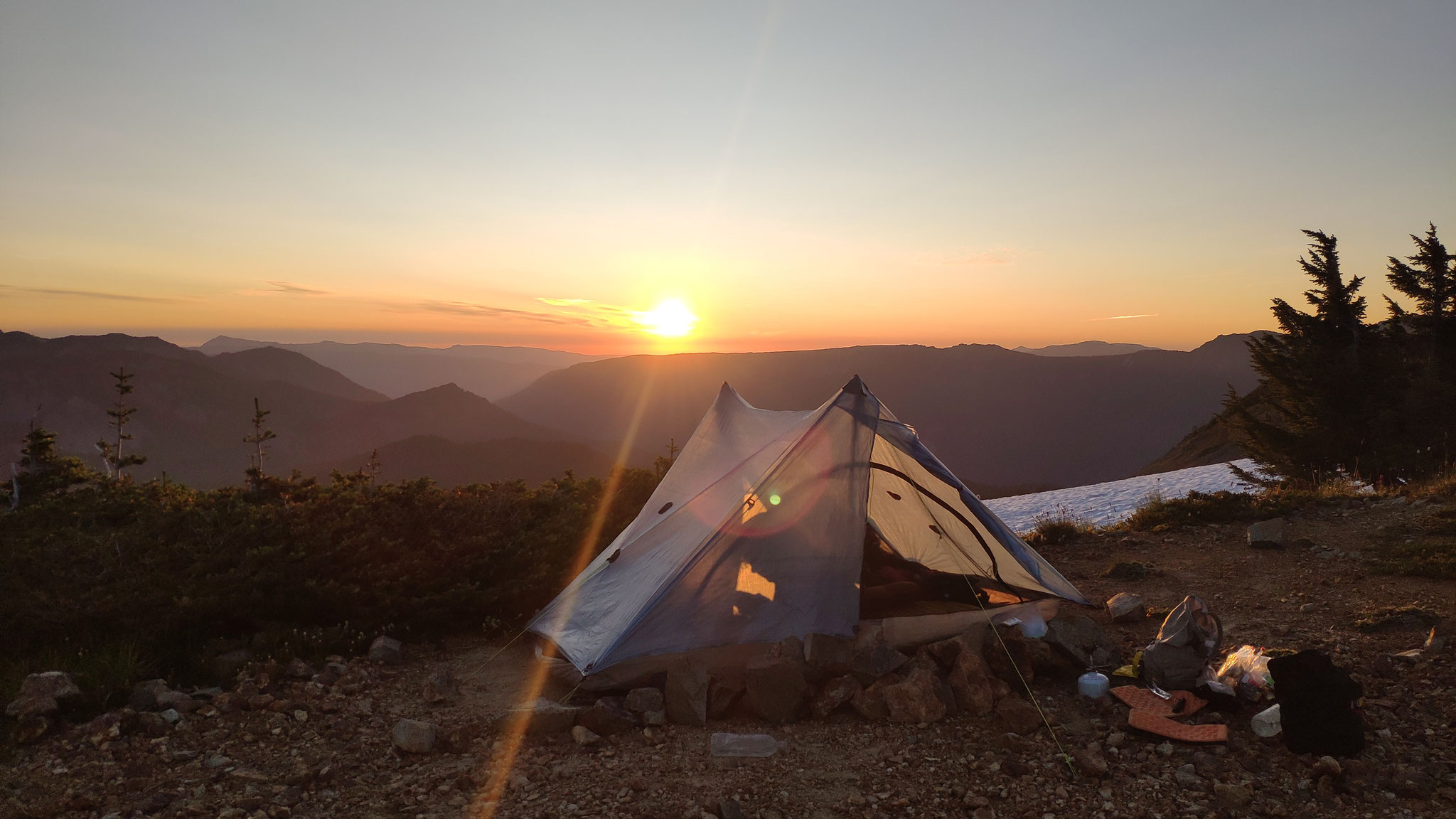 Beautiful campsite with sunrise on the ridge of Goat Rocks, Washington