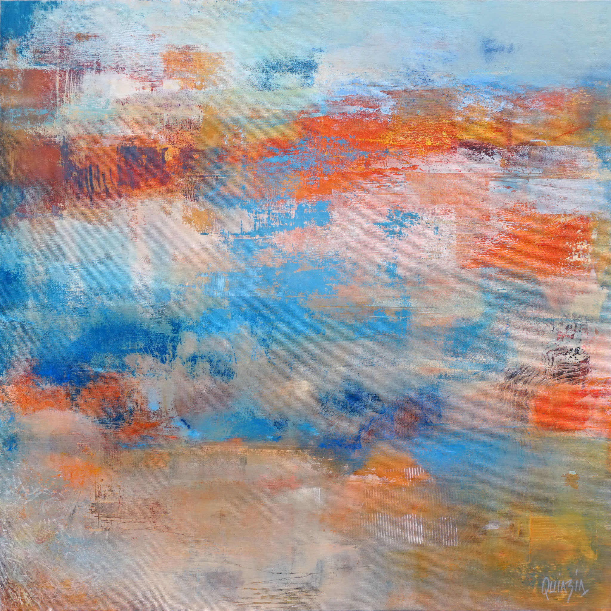 " Tombé du ciel" technique mixte sur toile 80 x 80 cm.