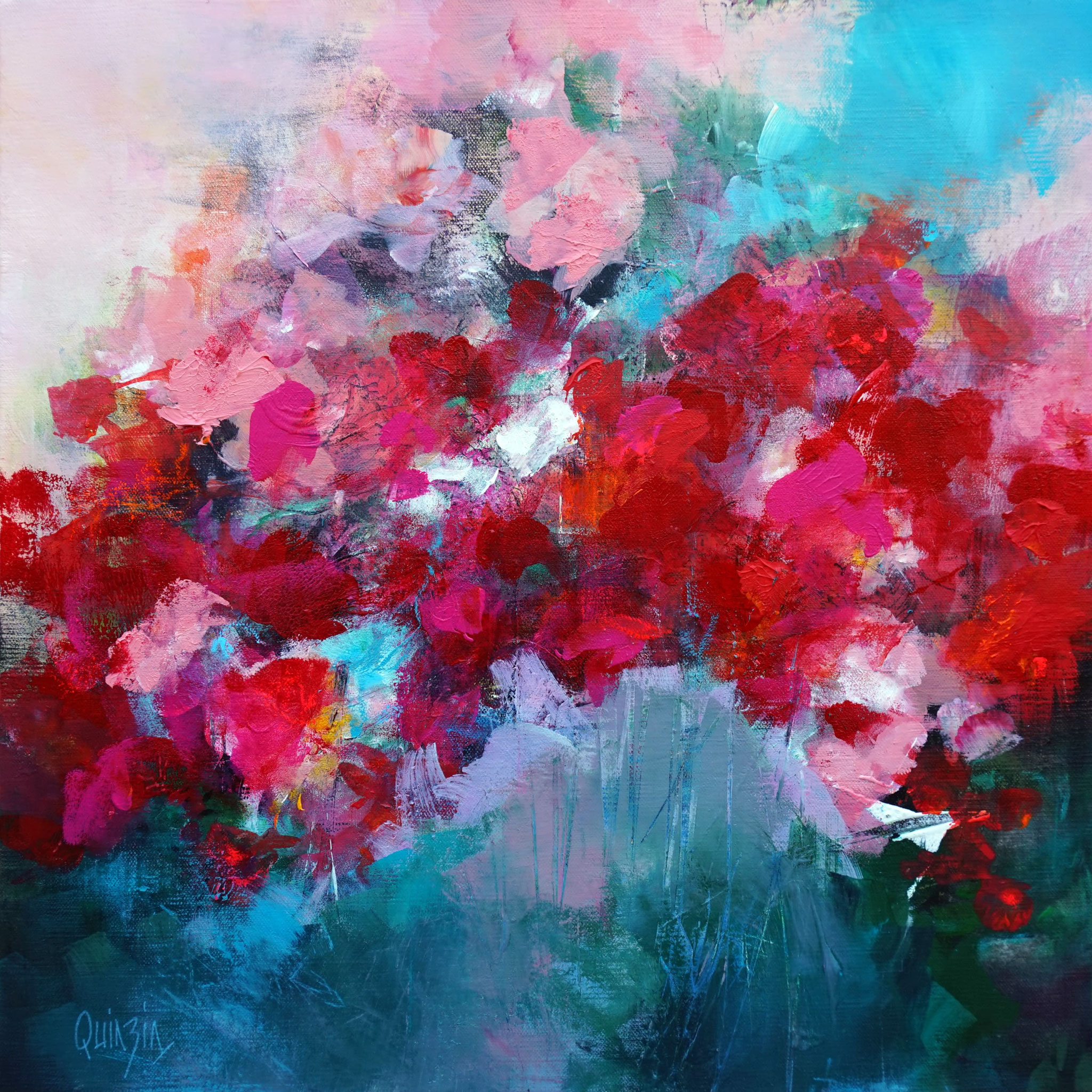 "Massif rose" peinture acrylique sur toile 50 x 50 Disponible