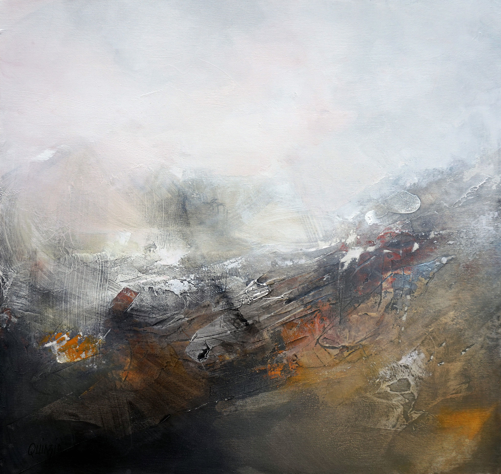 "Snow time" Pigments, ciment, enduit, cire, acrylique sur toile 60 x 60 disponible