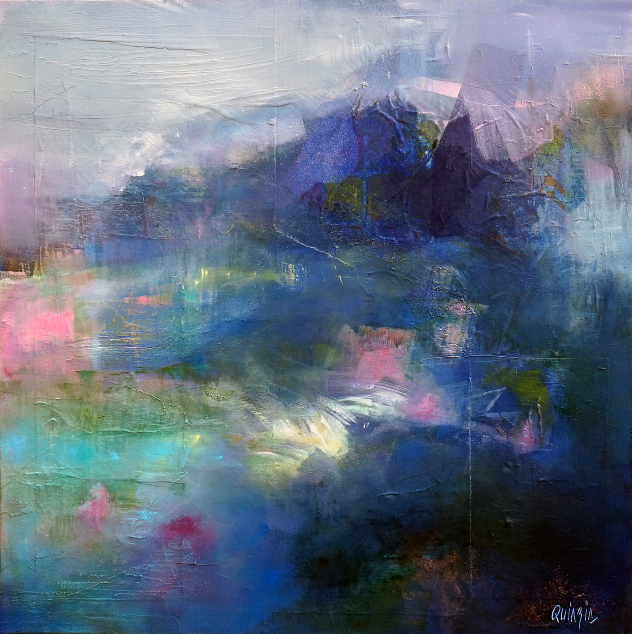 "Au bord d'un lac" technique mixte sur toile 60 x 60 Disponible