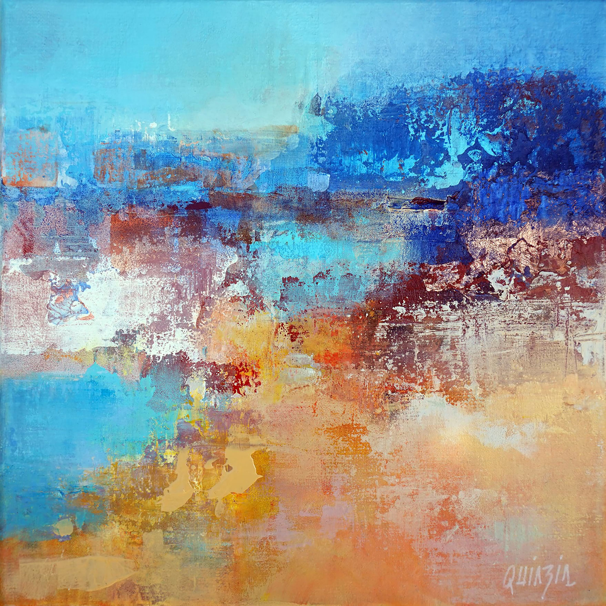 "Lumière sur les rochers" technique mixte sur toile 30 x 30, disponible.