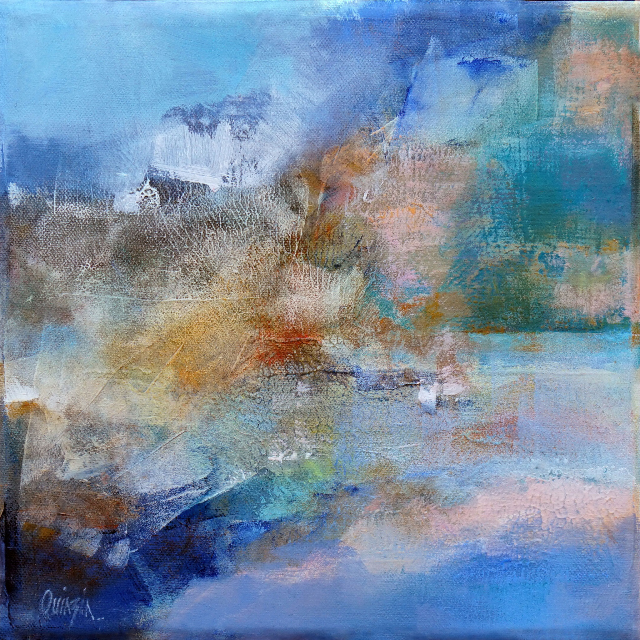 Tableau abstrait aux nuances de bleu, turquoise et ocre, évoquant un paysage brumeux et lumineux.