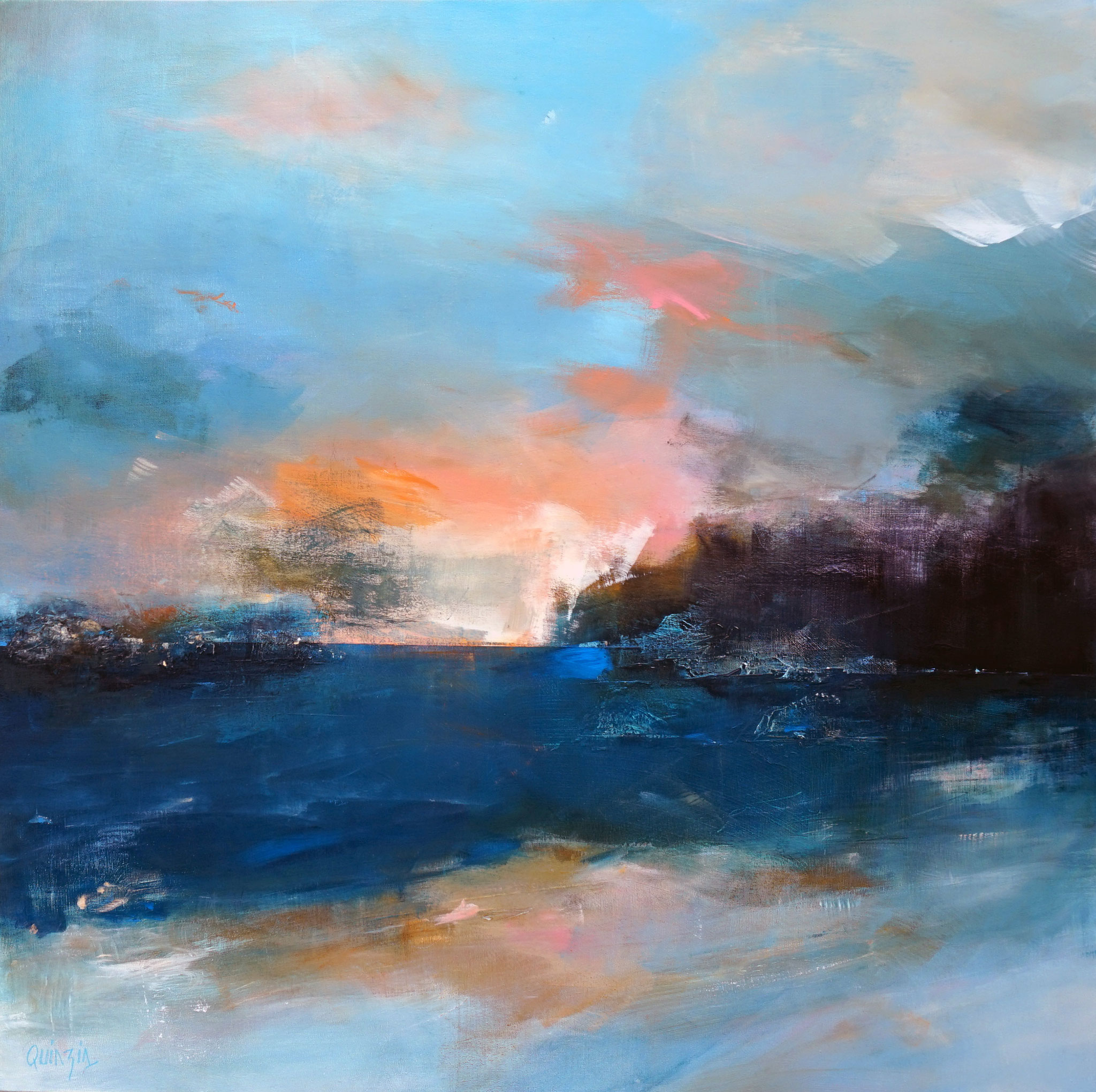 "Fin de journée" Peinture acrylique et pastels à l'huile sur toile 100 x 100. Vendue