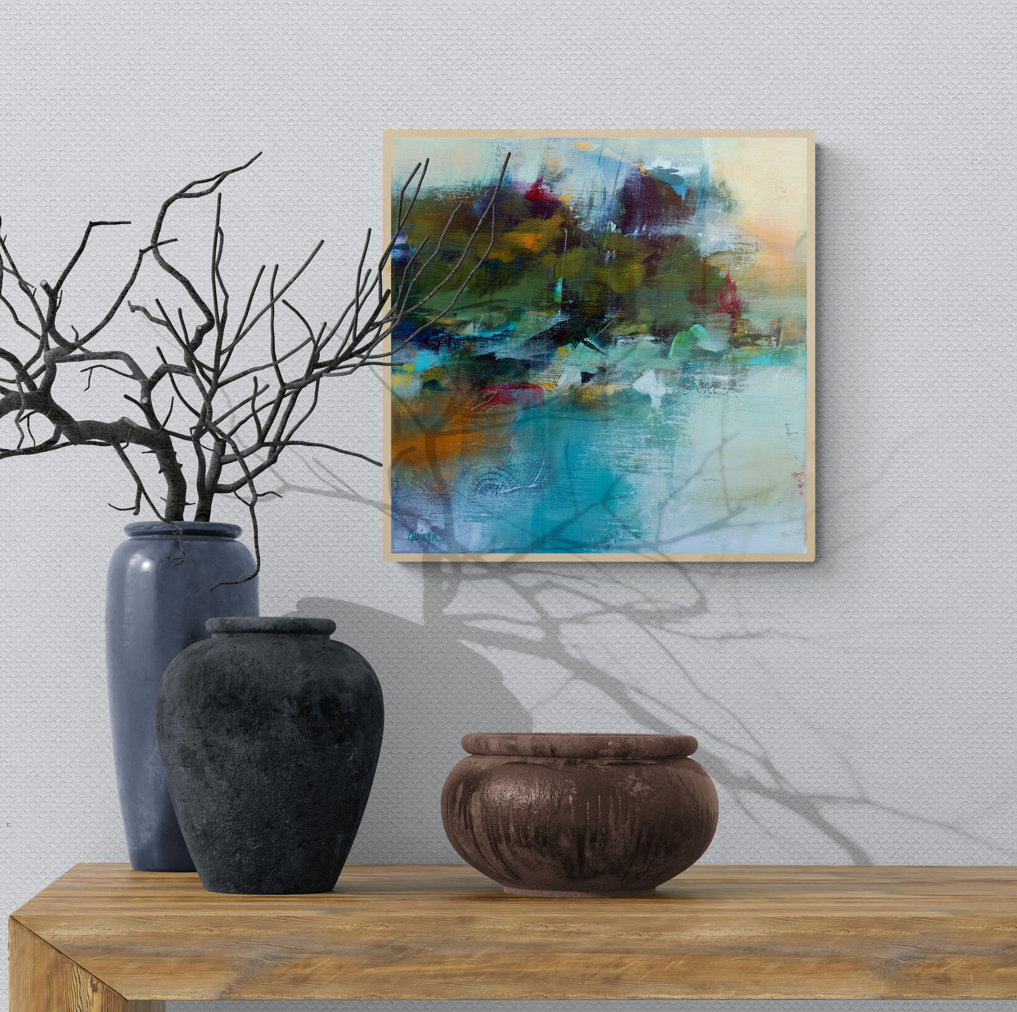 Près des étangs, acrylique, pigments et pastels à l'huile sur toile 40*40