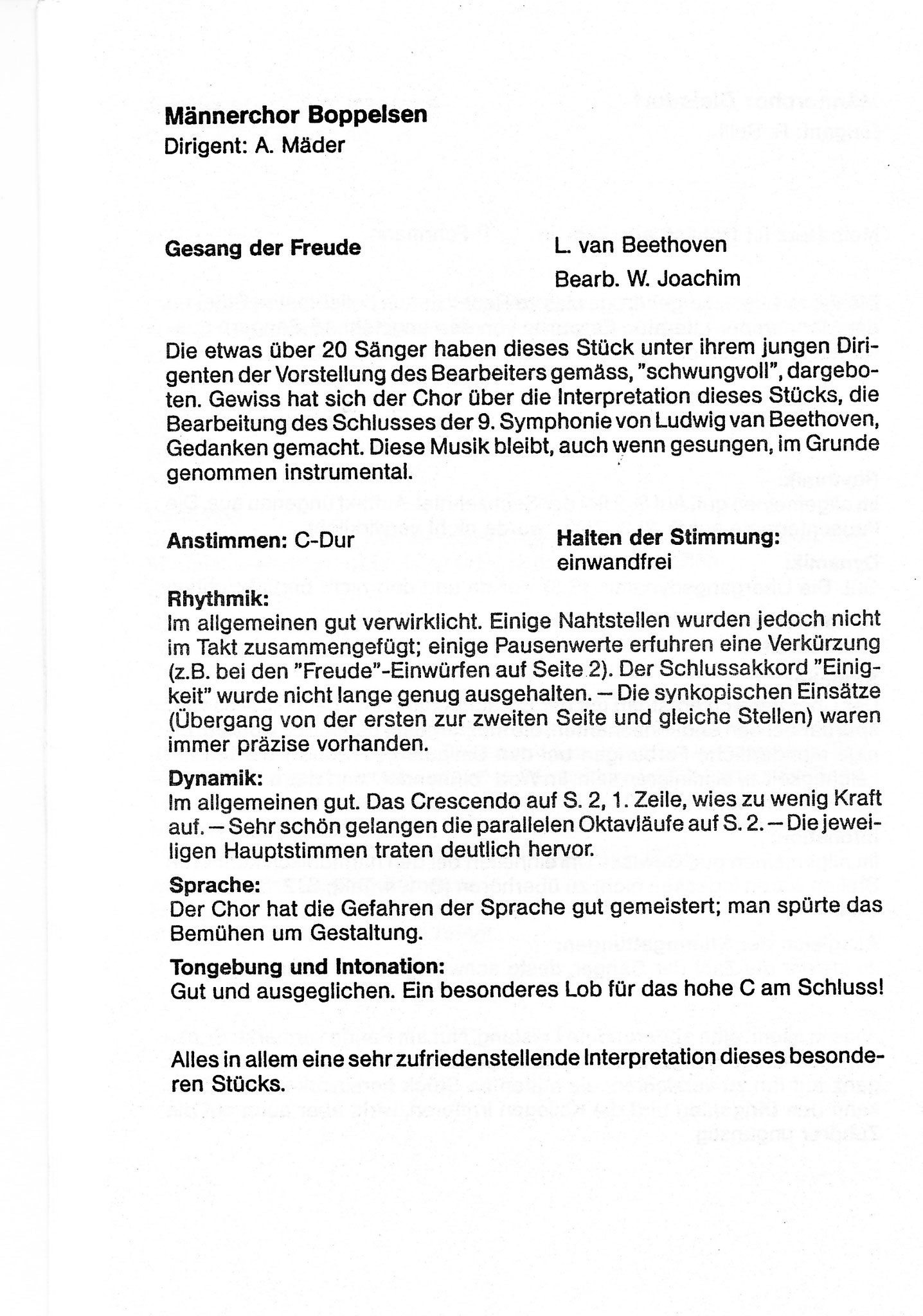 Expertenbericht::Sängertag 1983 Niederhasli::Dirigent Adi Mäder