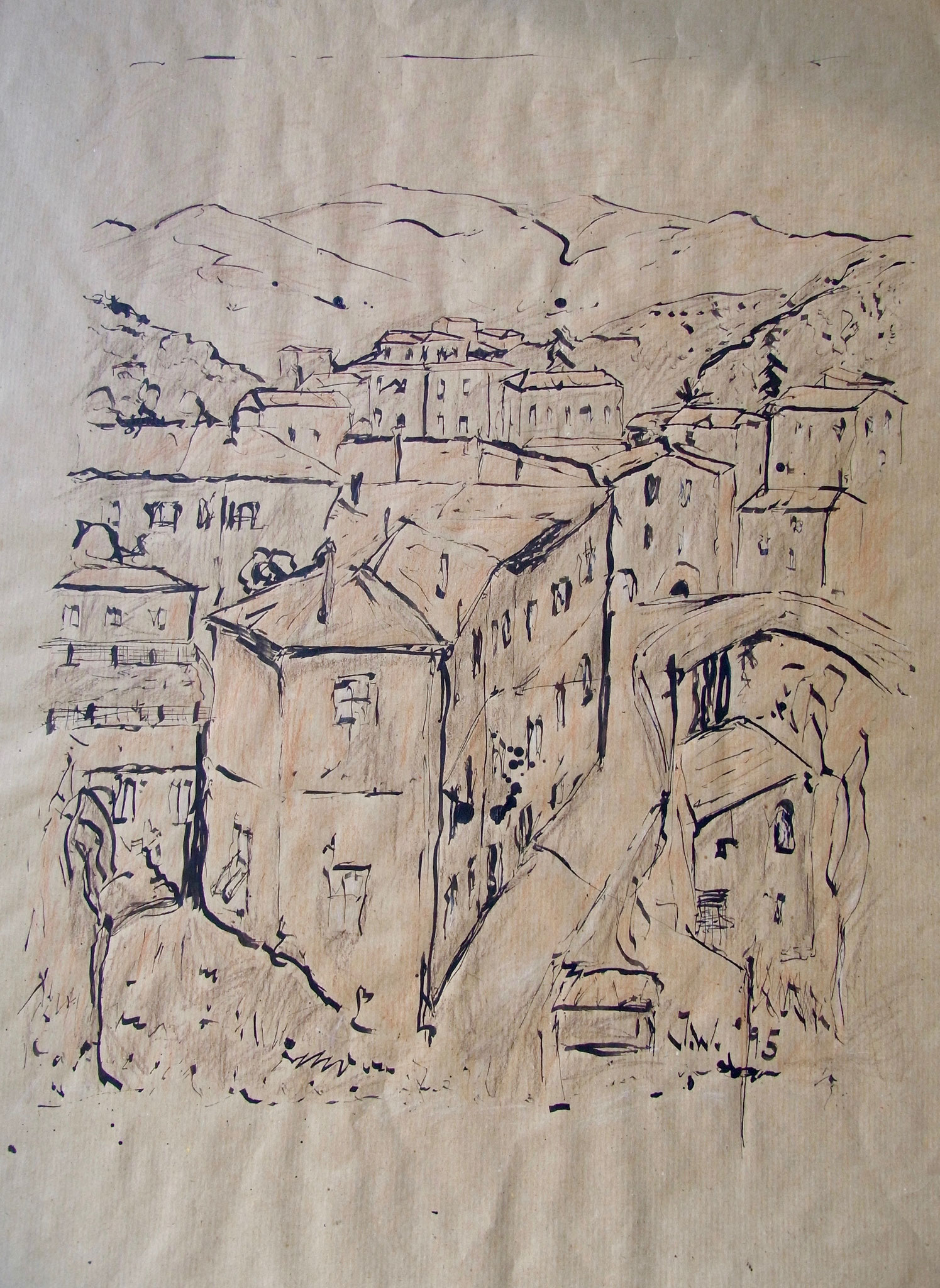 Stadt vor Bergen, 42x60cm, Federzeichnung mit Rötel erhöht