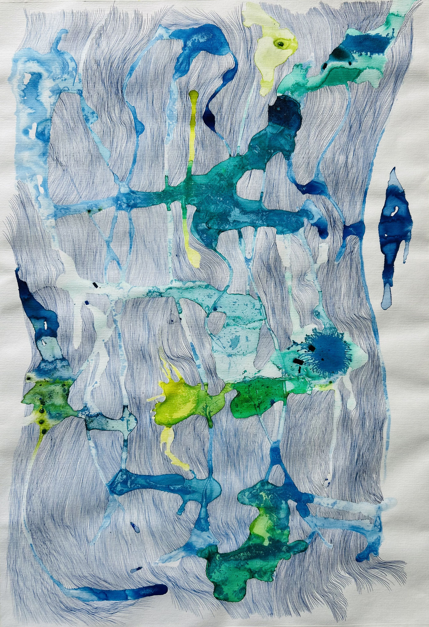 Am Bach, 41x69 cm, Federzeichnung Tusche, Aquarell, 2025