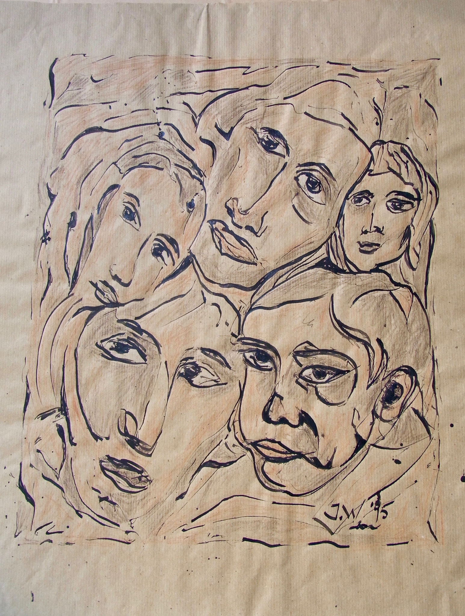 Familie, 42x60cm, Federzeichnung mit Rötel erhöht, 1995