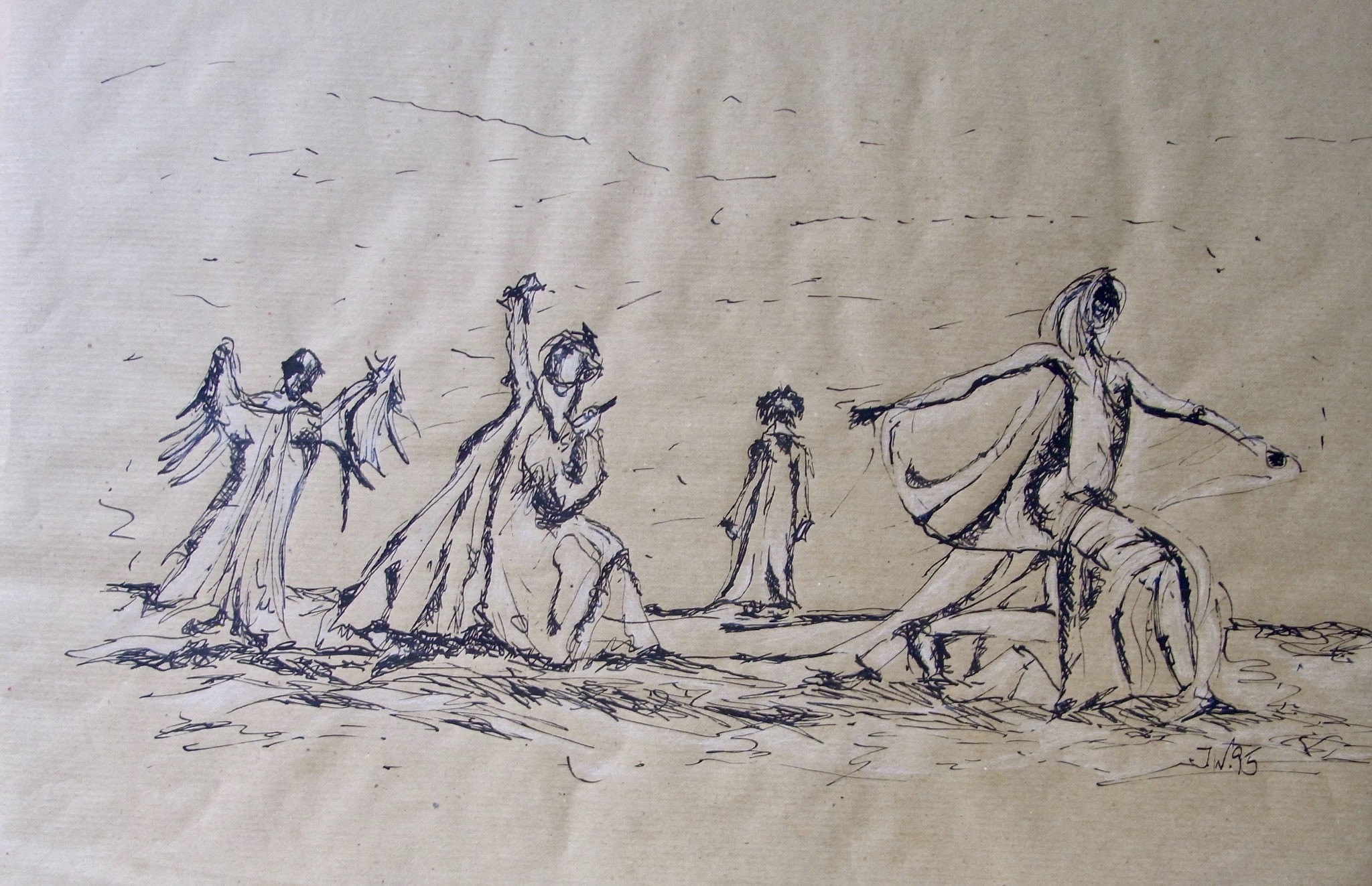 Aufbruch, 42x60cm, Federzeichnung mit Rötel erhöht, 1995