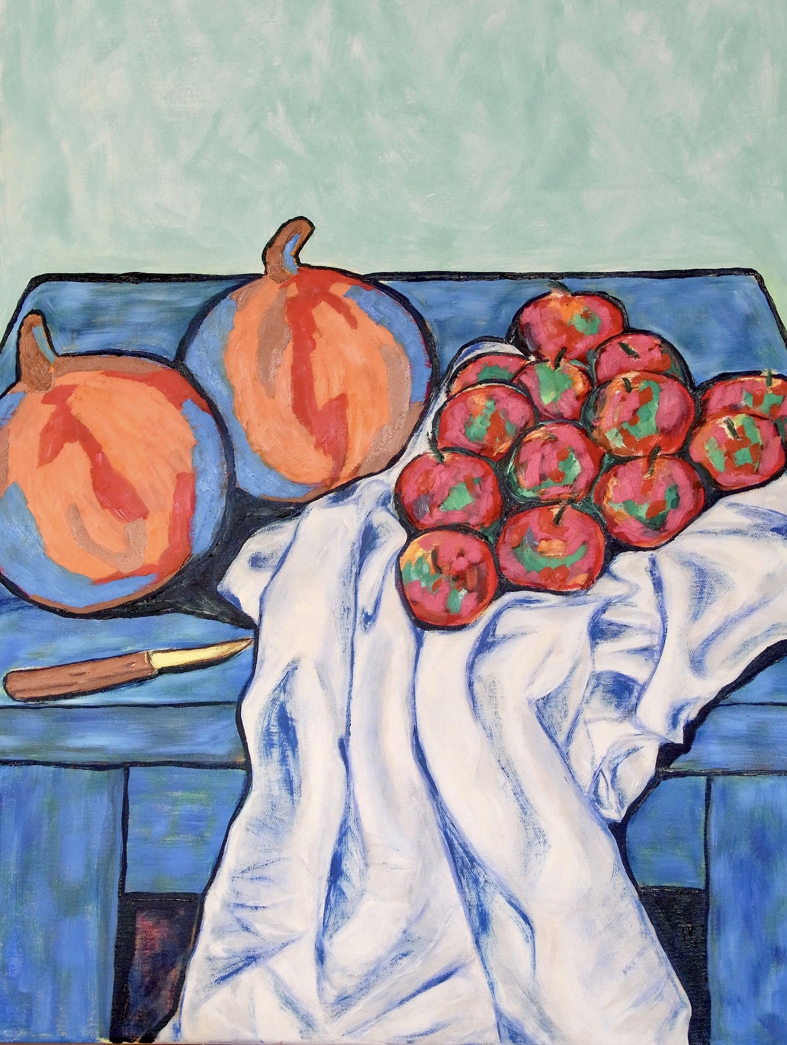 Stillleben Kürbis und Apfel, 50x70cm, Ölfarbe auf Leinwand
