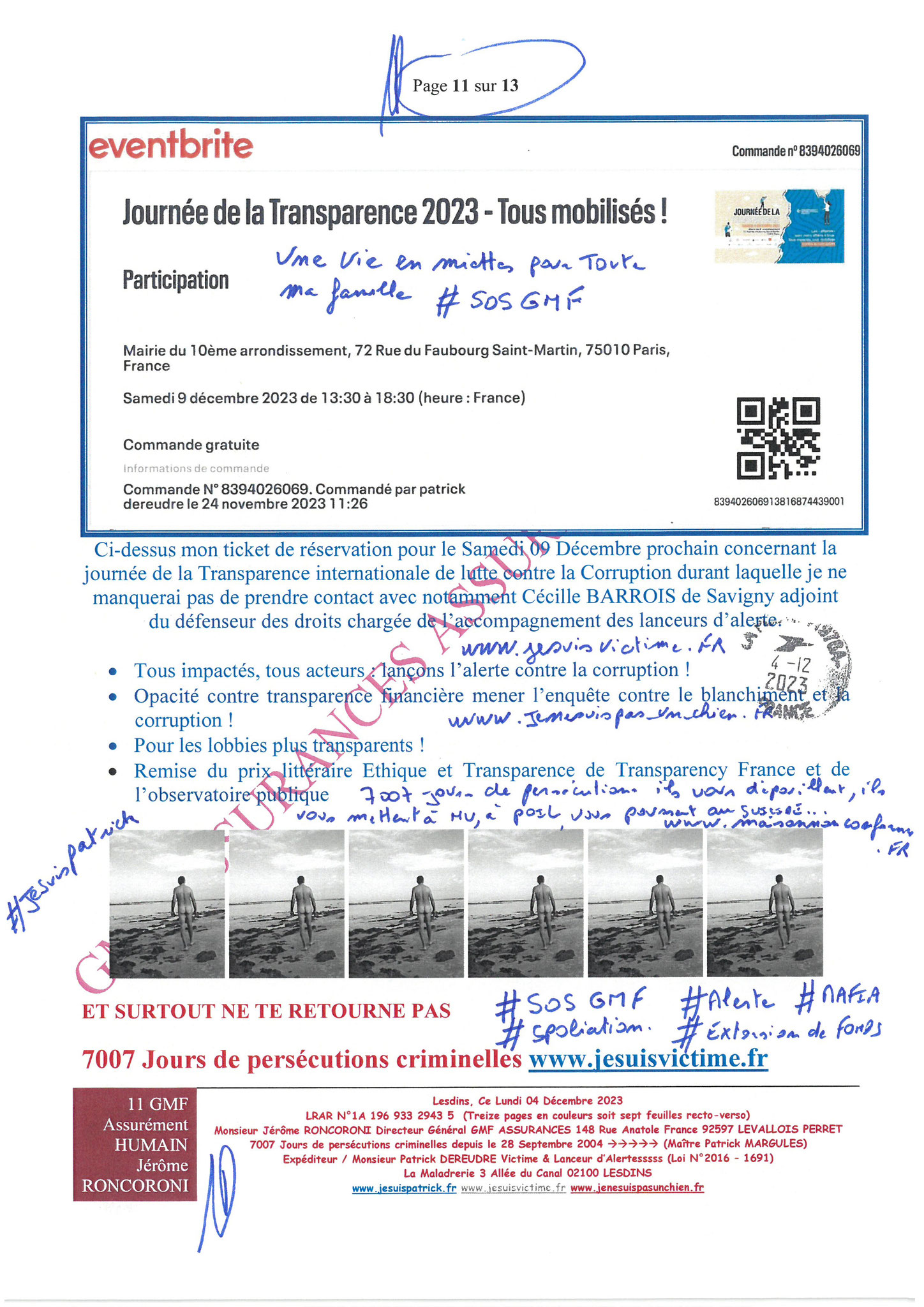 7d)NON ASSISTANCE A PERSONNES EN DANGER 11 sur 13 GMF ASSURANCES ASSURÉMENT HUMAIN !!! NON ASSISTANCE A PERSONNES EN DANGER Ma 1ère LRAR du 04 Décembre 2023 adressée en vain  à Monsieur Eric RONCORONI le Directeur Général de GMF ASSURANCES