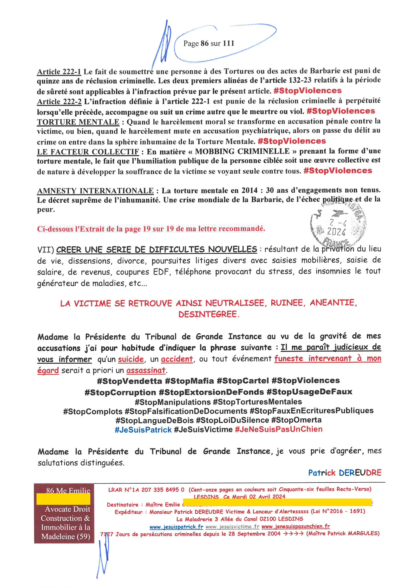 86 sur 111 AFFAIRE CRIMINELLE «MES CHERS VOISINS» Maître vous êtes corrompue 1ère LETTRE RECOMMANDEE OUVERTE MISE EN DEMEURE Mardi 02 Avril 2024