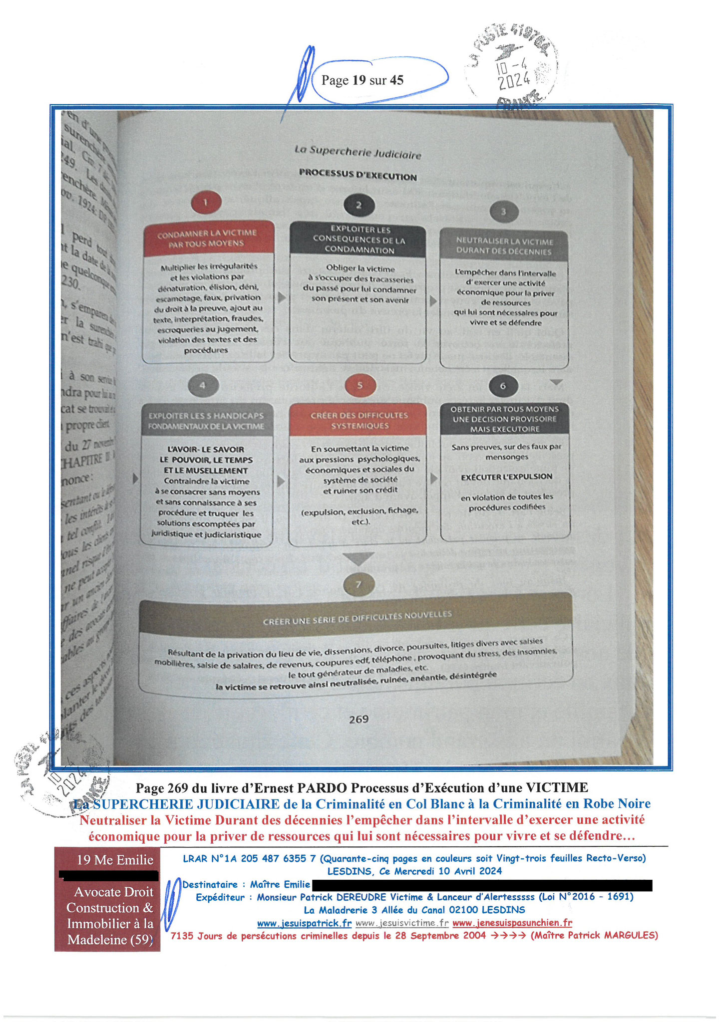 AFFAIRE CRIMINELLE «MES CHERS VOISINS» Page 19 sur 45 Ma 2ème LRAR du 10 Avril 2024 adressée à mon avocate LETTRE OUVERTE de MISE EN DEMEURE Maître « Maître, VOUS VOUS ÊTES BIEN LAISSER CORROMPRE»