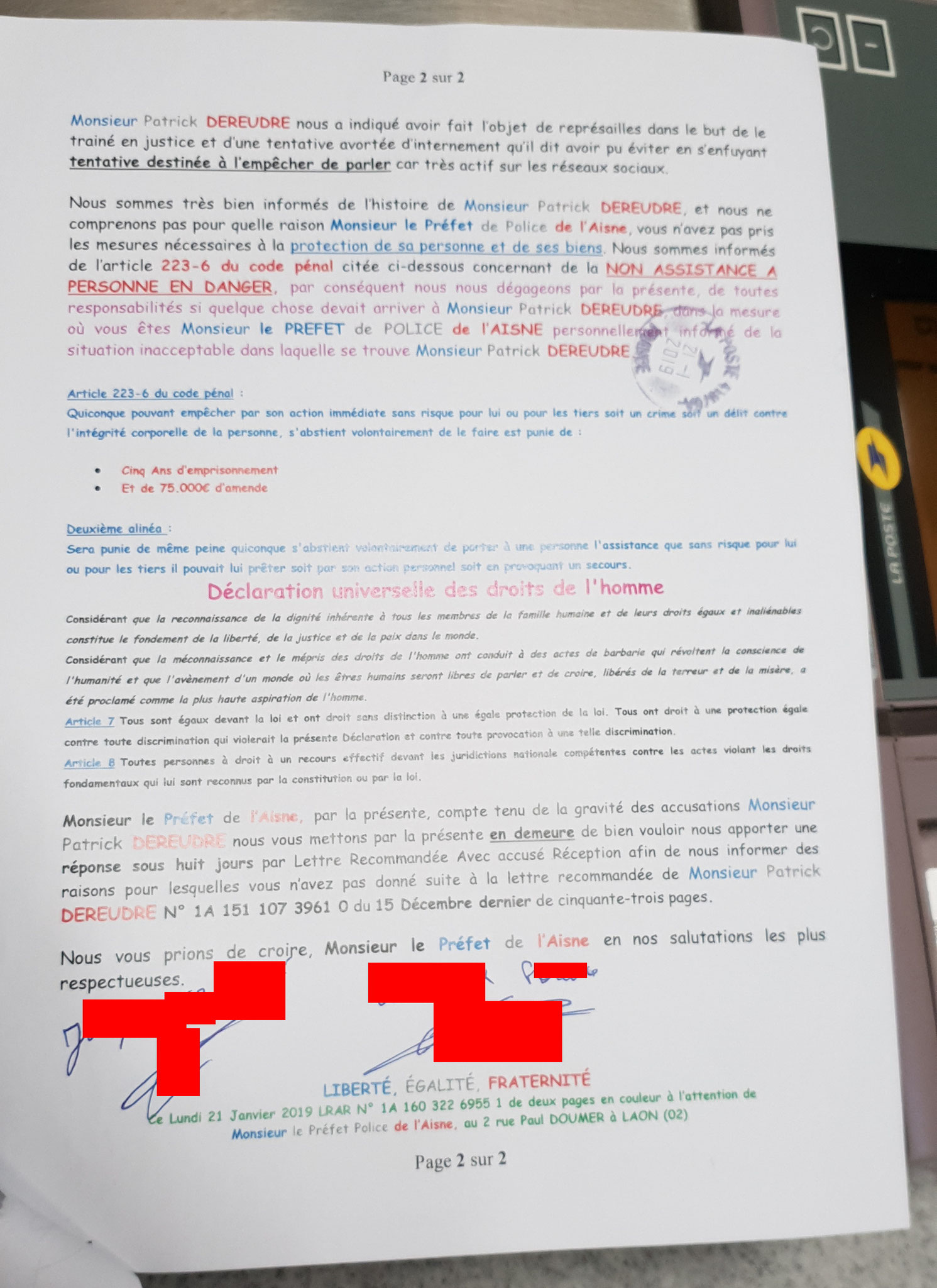 La lettre recommandée adressée par mon comité de Soutien  au Préfet de l'Aisne Monsieur Nicolas BASSELIER du 15 Décembre 2015 N0 1A 160 322 6955 1de Deux pages en couleurs.