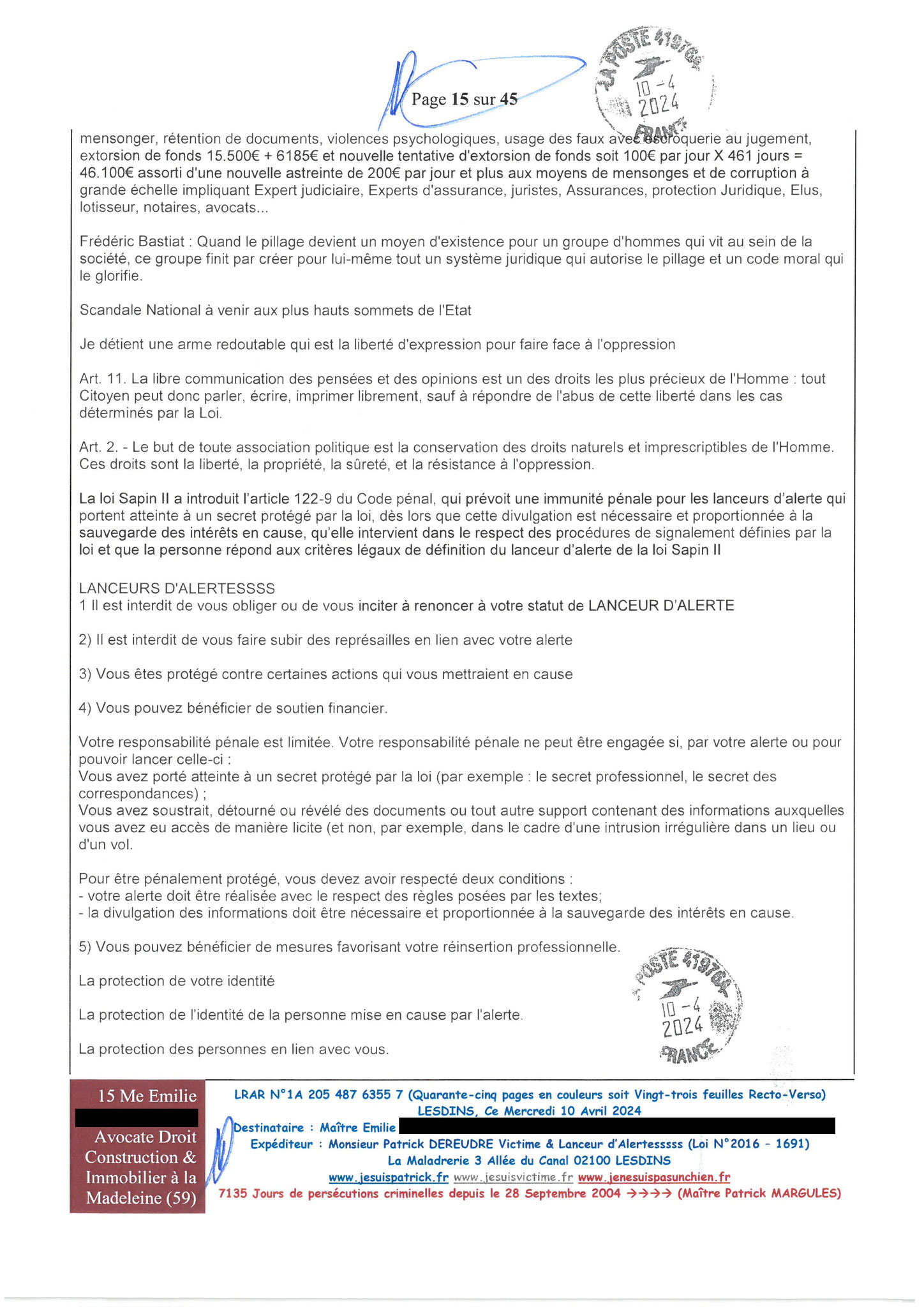 AFFAIRE CRIMINELLE «MES CHERS VOISINS» Page 15 sur 45 Ma 2ème LRAR du 10 Avril 2024 adressée à mon avocate LETTRE OUVERTE de MISE EN DEMEURE Maître « Maître, VOUS VOUS ÊTES BIEN LAISSER CORROMPRE»