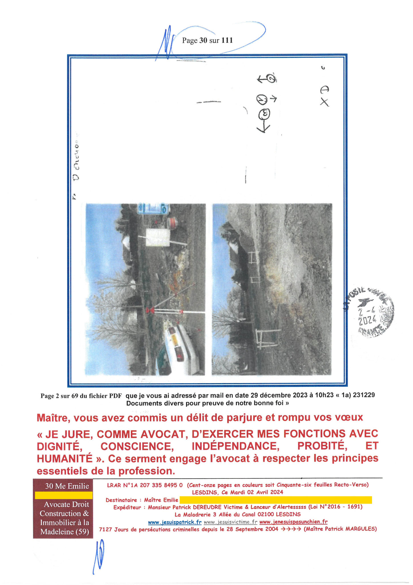 30 sur 111 AFFAIRE CRIMINELLE «MES CHERS VOISINS» Maître vous êtes corrompue  1ère LETTRE RECOMMANDEE OUVERTE MISE EN DEMEURE Mardi 02 Avril 2024
