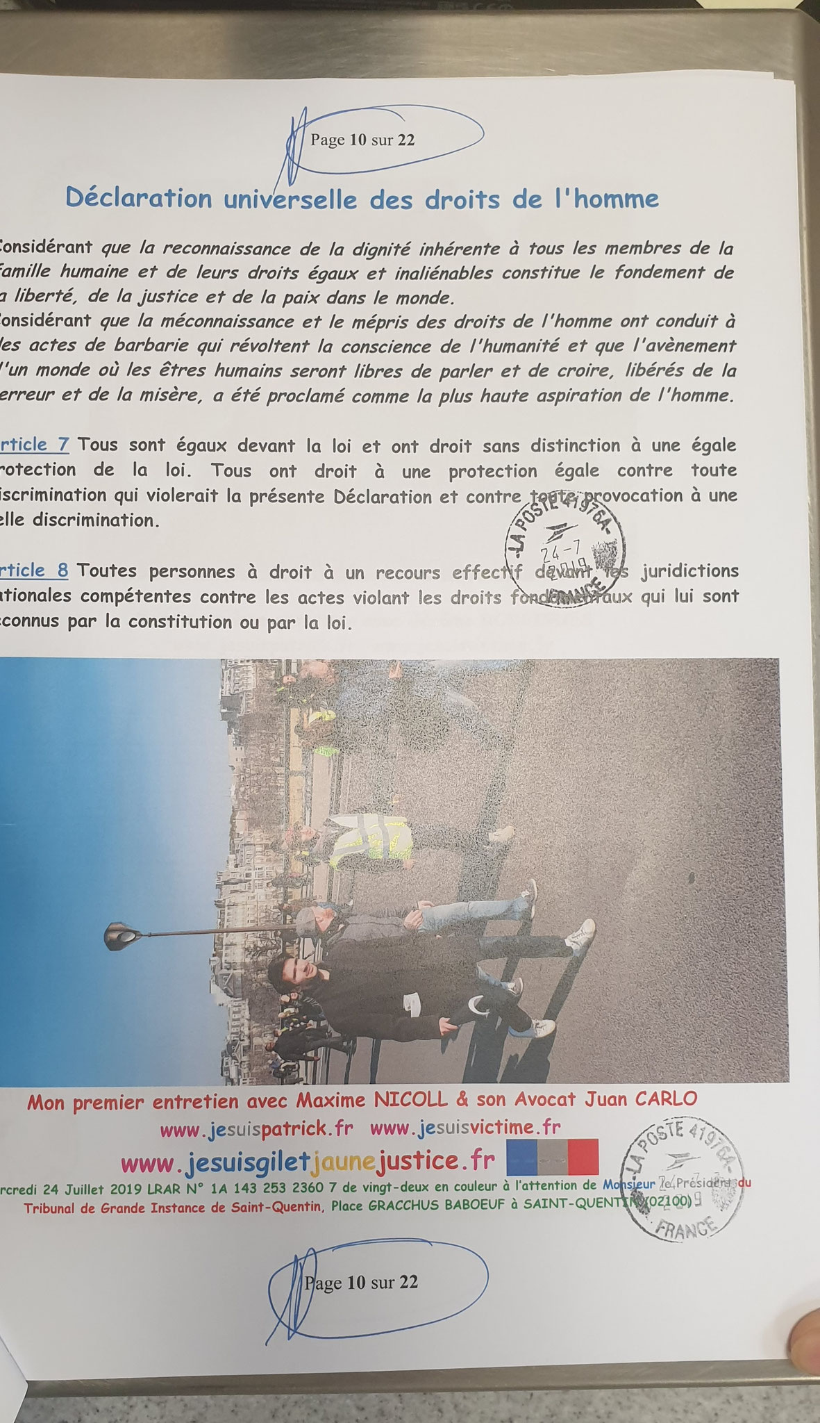 Mise en demeure de me porter ASSISTANCE... Ma Lettre recommandée adressé le 24 Juillet 2019 à Monsieur le Président du Tribunal de Grande Instance de Saint-Quentin www.jenesuispasunchien.fr www.jesuisvictime.fr www.jesuispatrick.fr NE RENONCEZ PAS