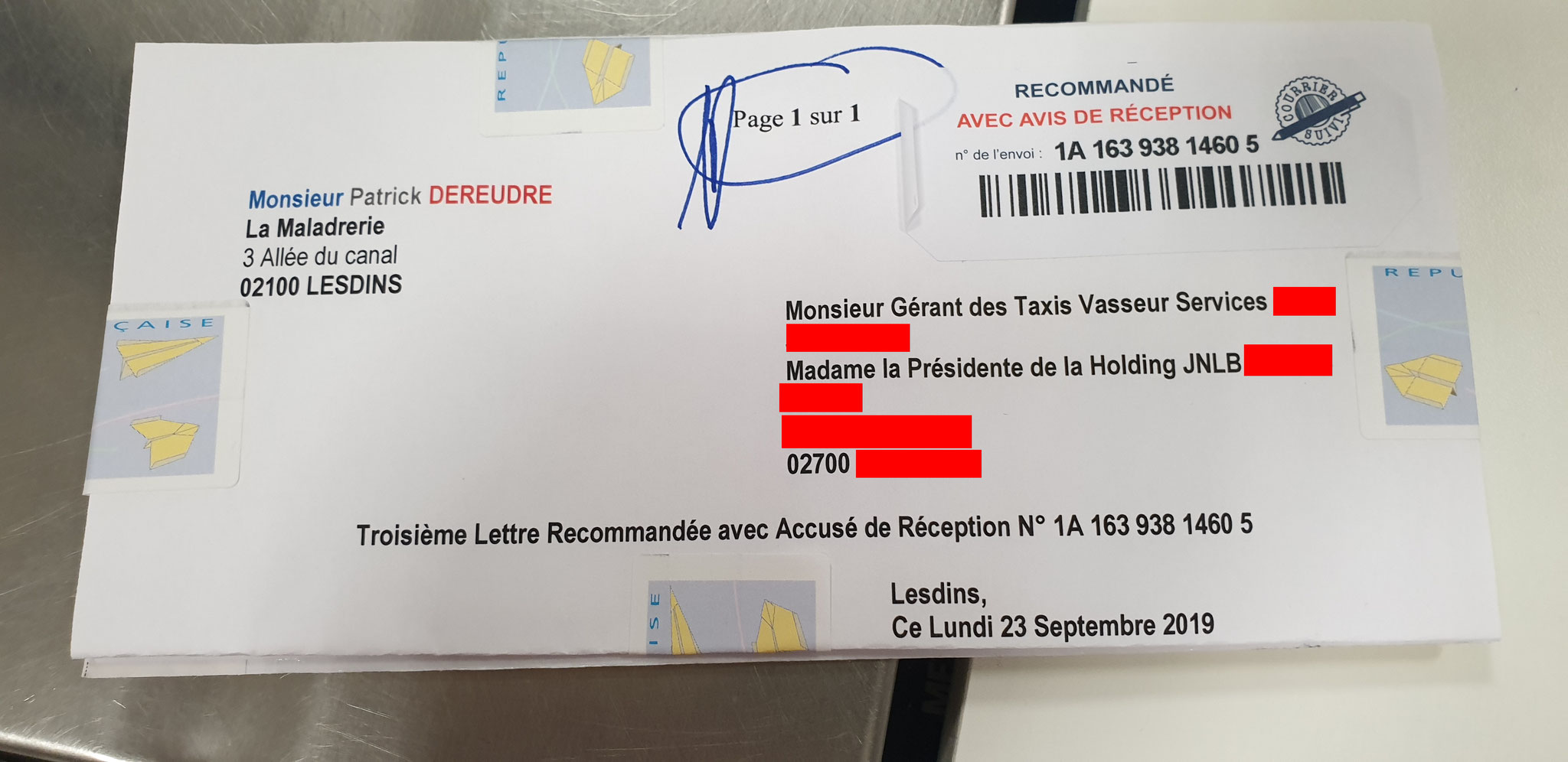 Ma troisième lettre recommandée du 23 Septembre 2019 au TAXIS VASSEUR SERVICES & HOLDING JNLB// VIOLENCES & SOUFFRANCES AU TRAVAIL (MOBBING & GANG STAKLING) www.jenesuispasunchien.fr www.jesuisvictime.fr www.jesuispatrick.fr