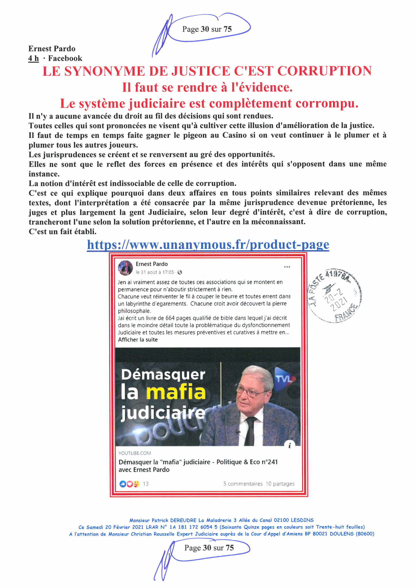 Page 30 Ma  Lettre Recommandée à Monsieur Christian ROUSSELLE Expert Judiciaire auprès de la Cour d'Appel d'Amiens Affaire MES CHERS VOISINS nos  www.jenesuispasunchien.fr www.jesuisvictime.fr www.jesuispatrick.fr PARJURE & CORRUPTION JUSTICE REPUBLIQUE