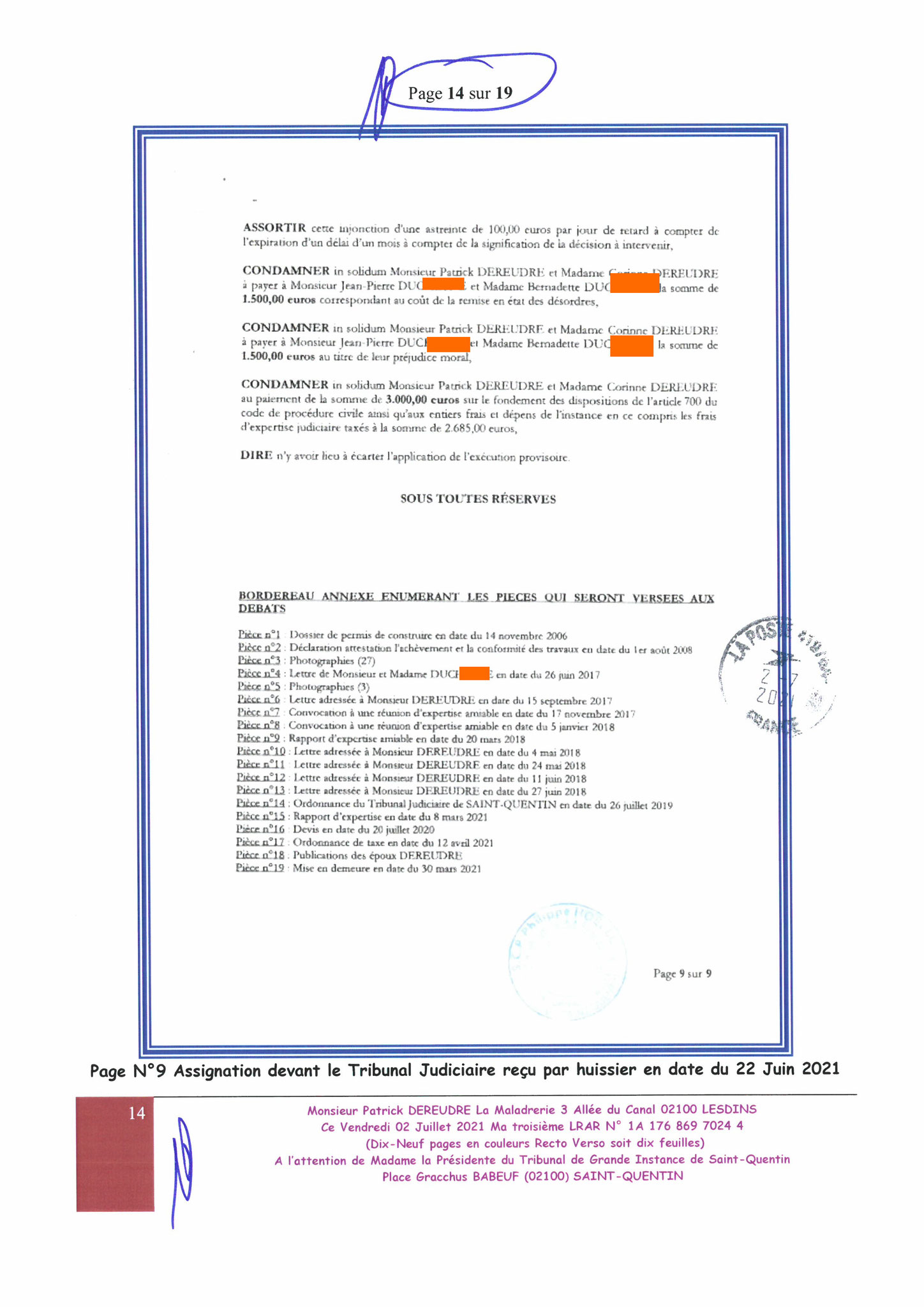 Ma lettre du 02 Juillet 2021 adressée au TRIBUNAL DE GRANDE INSTANCE de SAINT-QUENTIN  sans réponse situation lourde de conséquences www.jesuisvictime.fr www.jenesuispasunchien.fr www.jesuisenvie.fr ALERTE ROUGE TRISTE FRANCE CORRUPTION GENERALISEE EN FRA