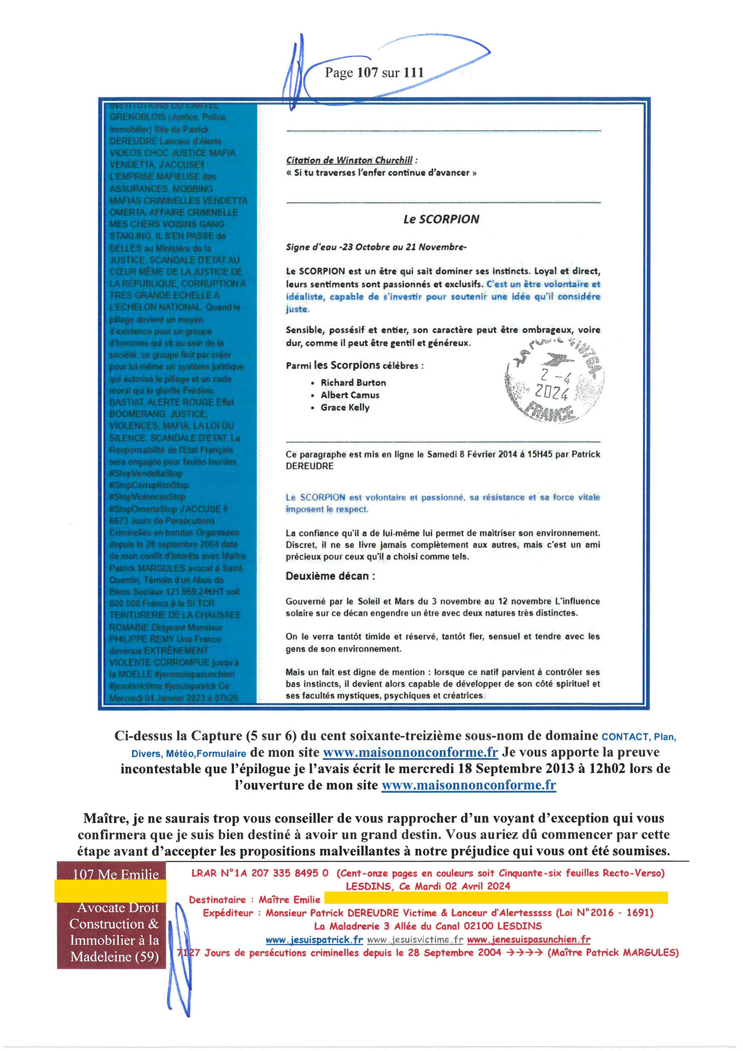 107 sur 111 AFFAIRE CRIMINELLE «MES CHERS VOISINS» Maître vous êtes corrompue 1ère LETTRE RECOMMANDEE OUVERTE MISE EN DEMEURE Mardi 02 Avril 2024