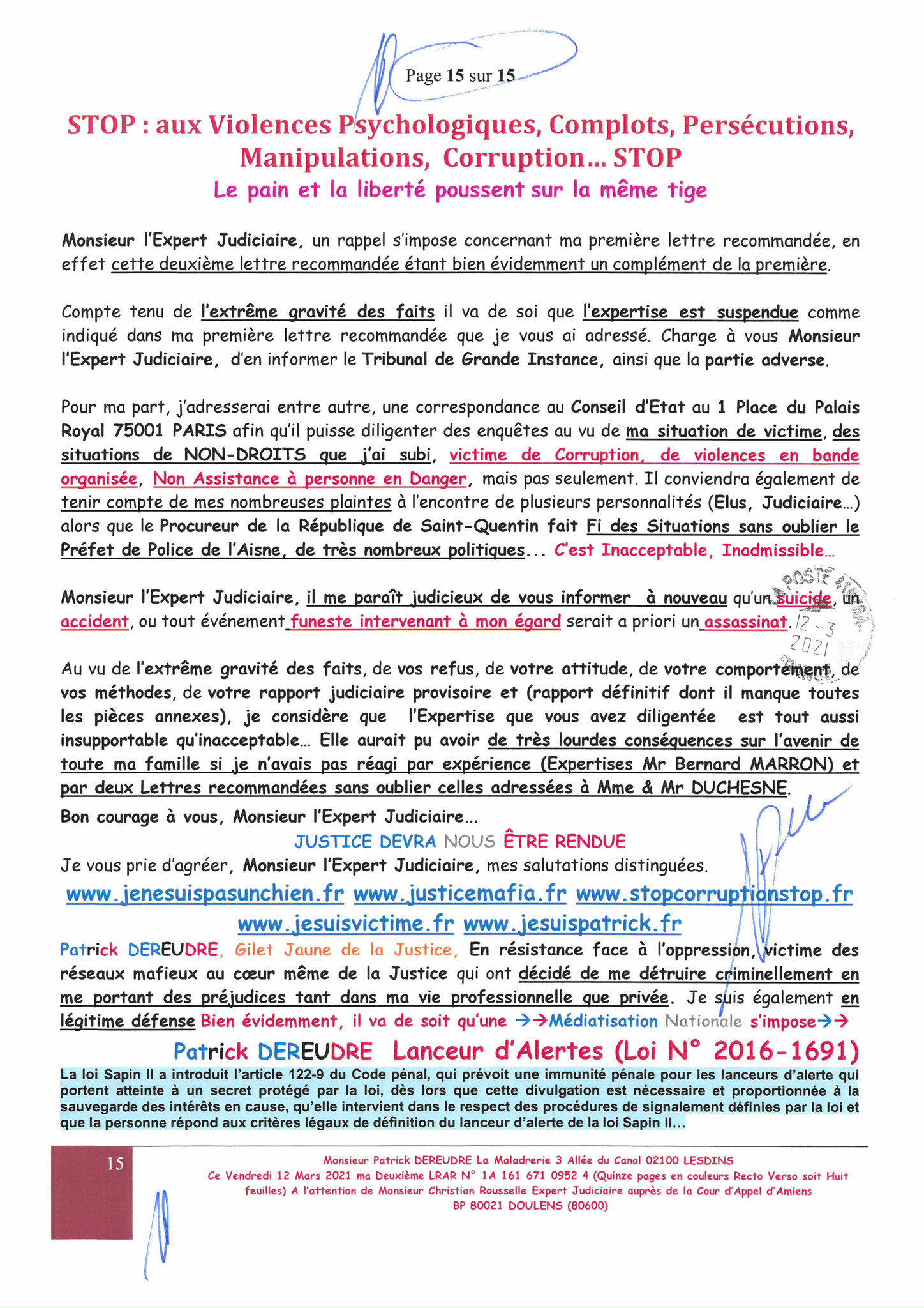 Pièce N°8e) Page 15sur15 AFFAIRE CRIMINELLE «MES CHERS VOISINS» SIGNIFICATION DE JUGEMENT, Violences, Extorsion de Fonds, Tentative Extorsion de Fonds, Maître Marc ANTONINI à l'œuvre et ce avec la bénédiction de nos Institutions www.jesuispatrick.fr
