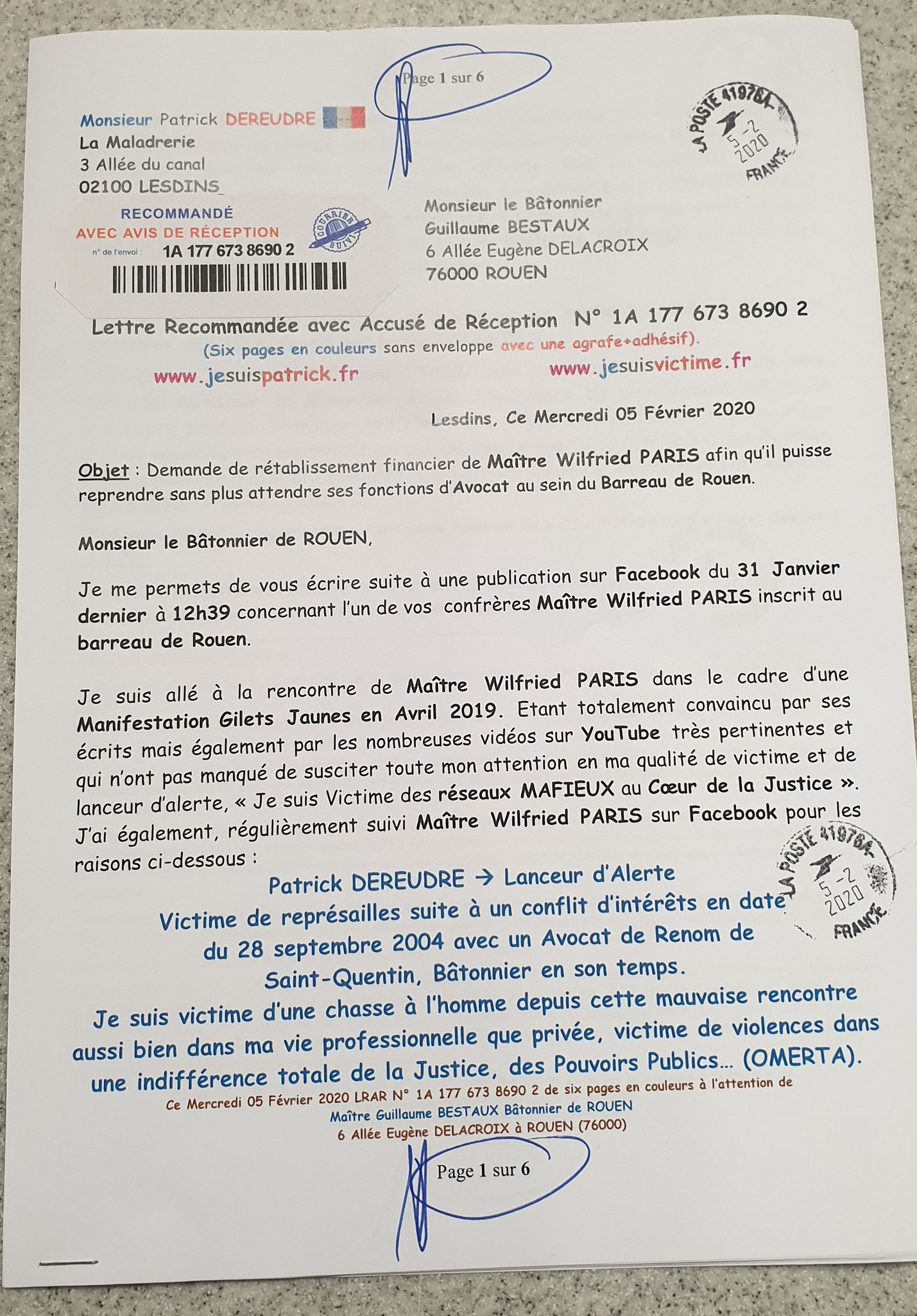 Accusé de Réception & Preuve de Dépôt Ma lettre recommandée du 05 Février 2020 N° 1A 177 673 8690 2 Page 1 sur 6 en couleurs www.jesuispatrick.fr