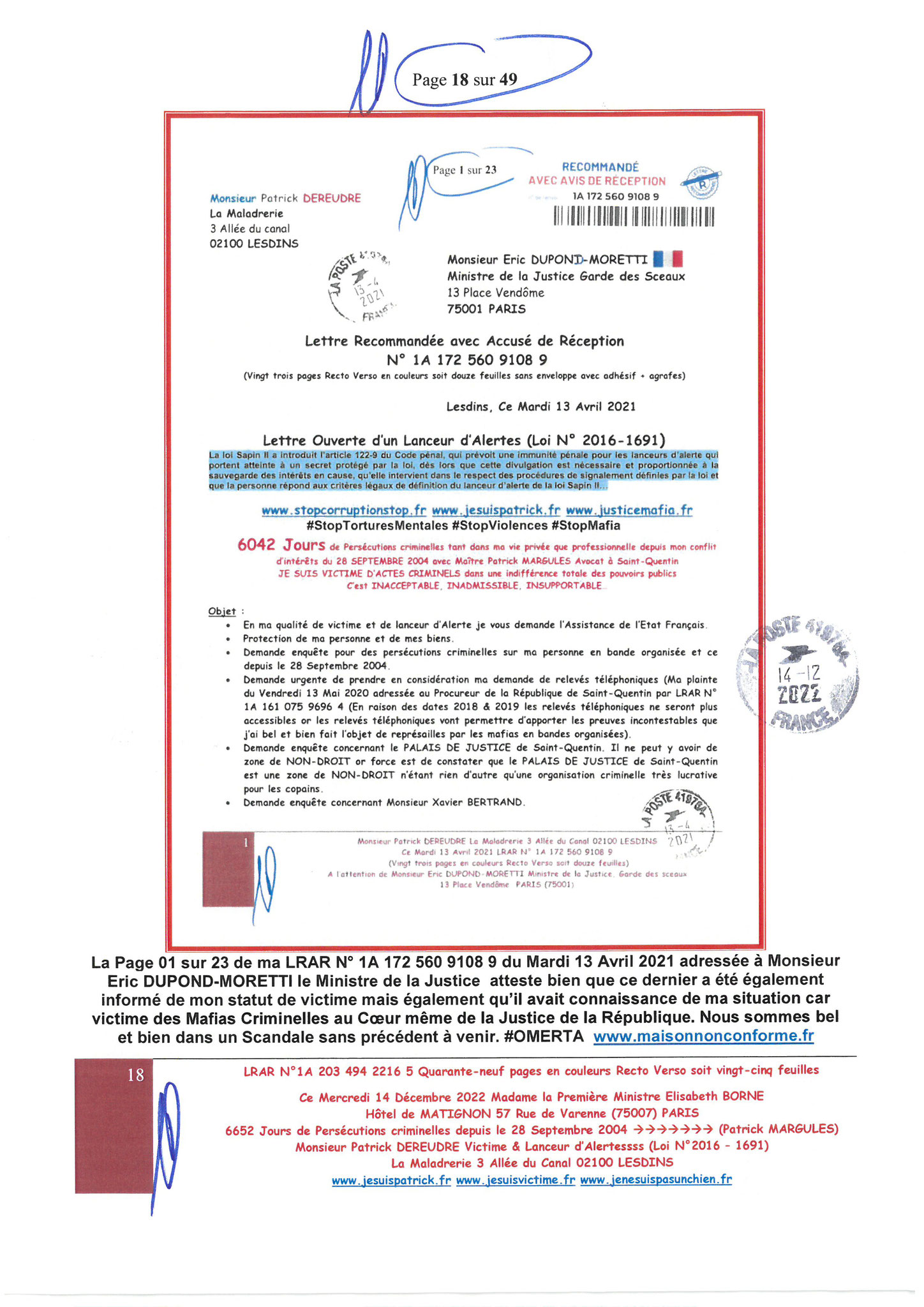 Madame Elisabeth BORNE la Première Ministre LRAR N0 1A 203 494 2216 5 du  Mercredi 14 Décembre 2022 Quarante-neuf pages en couleurs  www.jesuispatrick.fr Parjure & Corruption à très GRANDE ECHELLE AU COEUR MÊME DE LA JUSTICE DE LA REPUBLIQUE !!!