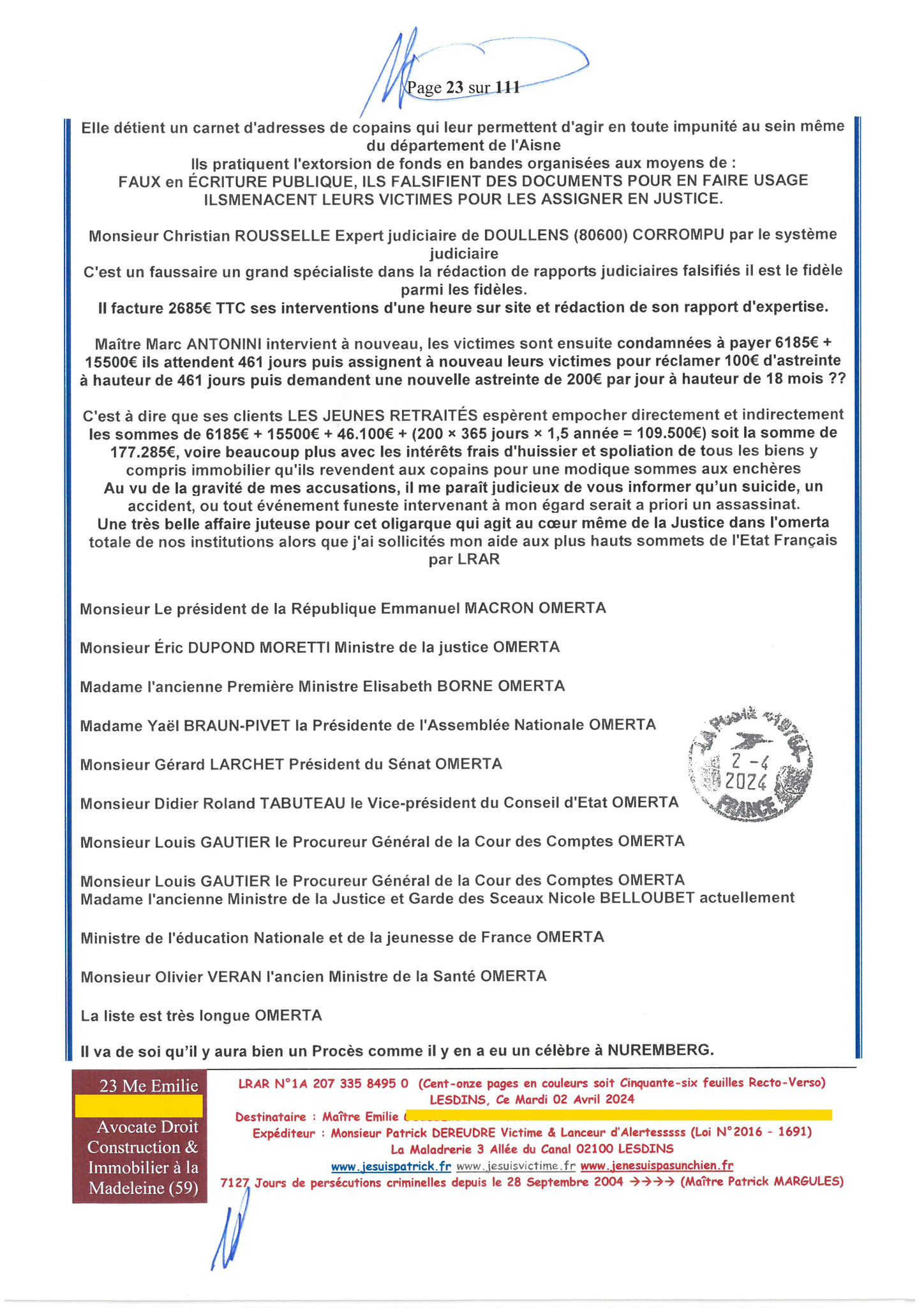 23 sur 111 AFFAIRE CRIMINELLE «MES CHERS VOISINS» Maître vous êtes corrompue  1ère LETTRE RECOMMANDEE OUVERTE MISE EN DEMEURE Mardi 02 Avril 2024