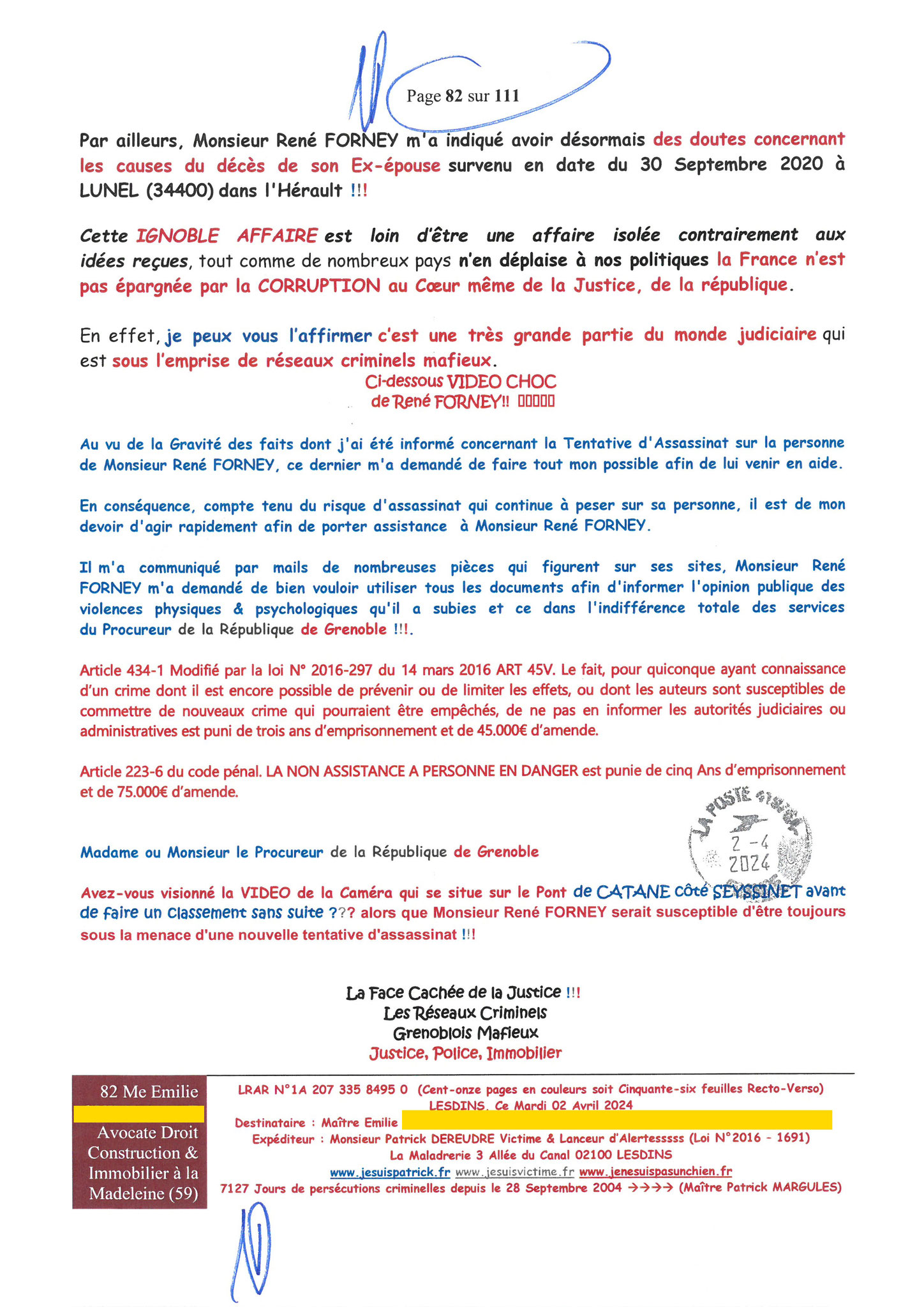 82 sur 111 AFFAIRE CRIMINELLE «MES CHERS VOISINS» Maître vous êtes corrompue 1ère LETTRE RECOMMANDEE OUVERTE MISE EN DEMEURE Mardi 02 Avril 2024