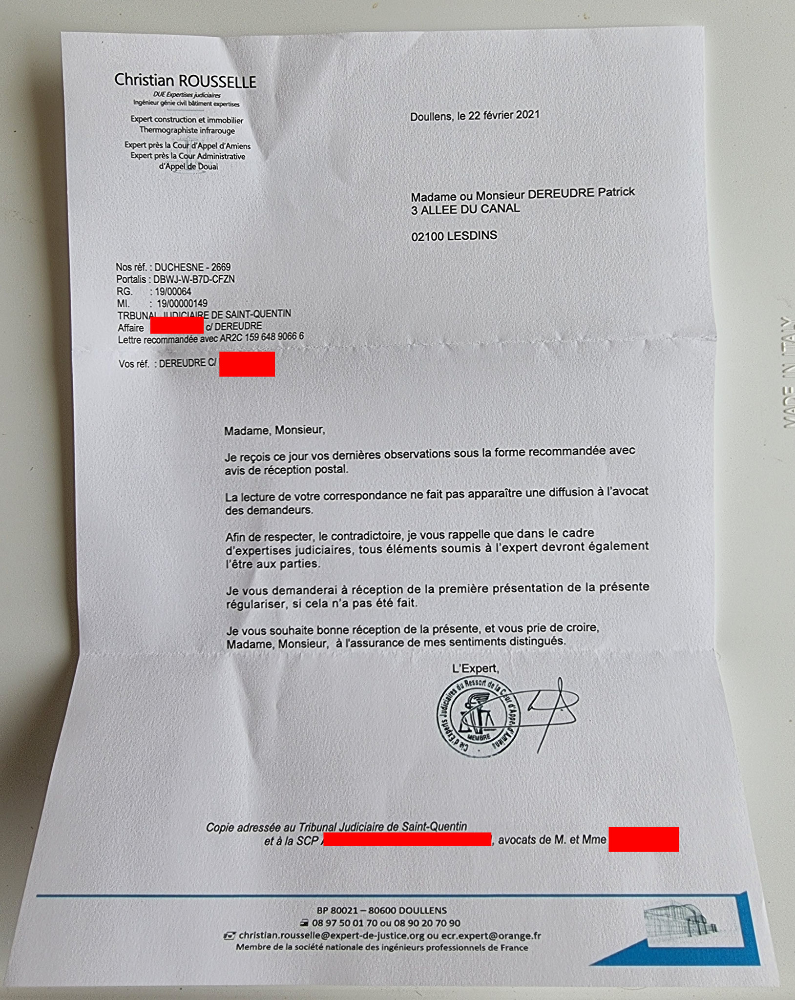  Lettre recommandée du 22 Février 2021 de Monsieur Christian ROUSSELLE Expert Judiciaire AFFAIRE Mes Chers VOISINS www.stopcorruptionstop.fr www.justicemafia.fr www.jenesuispasunchien.fr www.jesuisvictime.fr www.jesuispatrick.fr