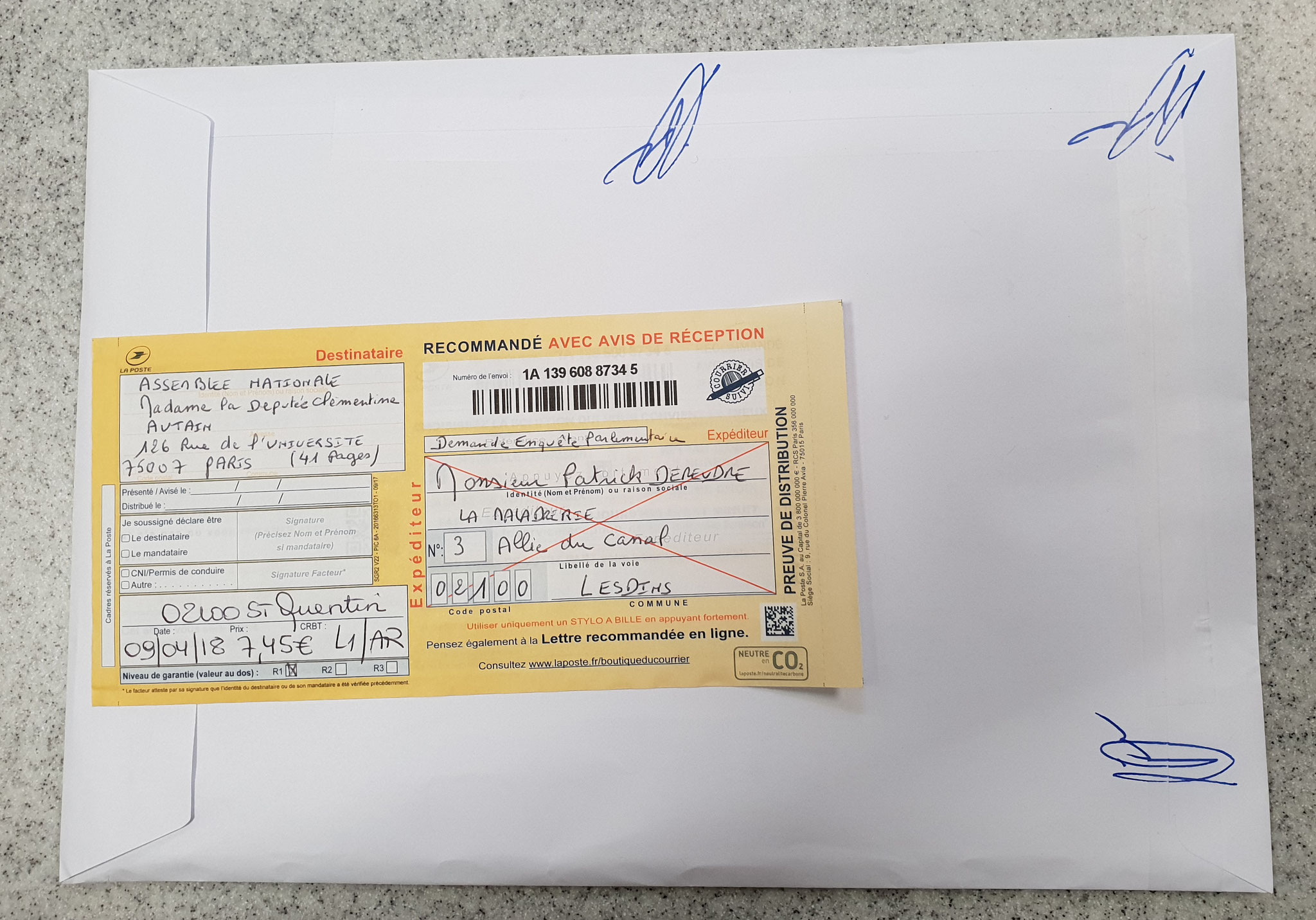 Ma lettre recommandée du 02 Octobre 2018 N° 1A 143 316 6265 3  adressée à Madame Barbara POMPILI Députée de la Somme NON ASSISTANCE A PERSONNE EN DANGER www.jesuispatrick.fr www.jesuisvictime.fr www.jenesuispasunchien.fr