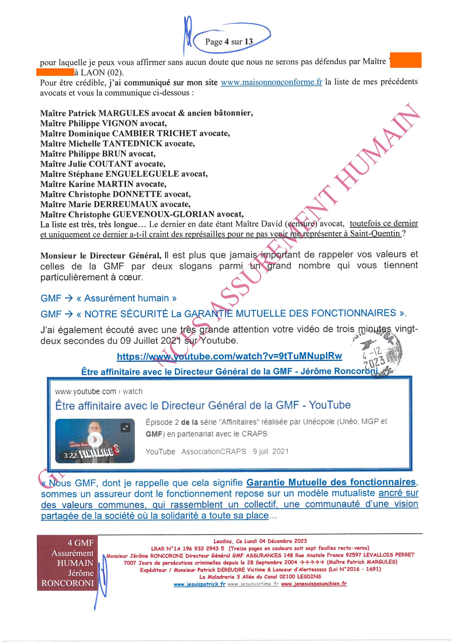 7d)NON ASSISTANCE A PERSONNES EN DANGER 4 sur 13 GMF ASSURANCES ASSURÉMENT HUMAIN !!! NON ASSISTANCE A PERSONNES EN DANGER Ma 1ère LRAR du 04 Décembre 2023 adressée en vain  à Monsieur Eric RONCORONI le Directeur Général de GMF ASSURANCES