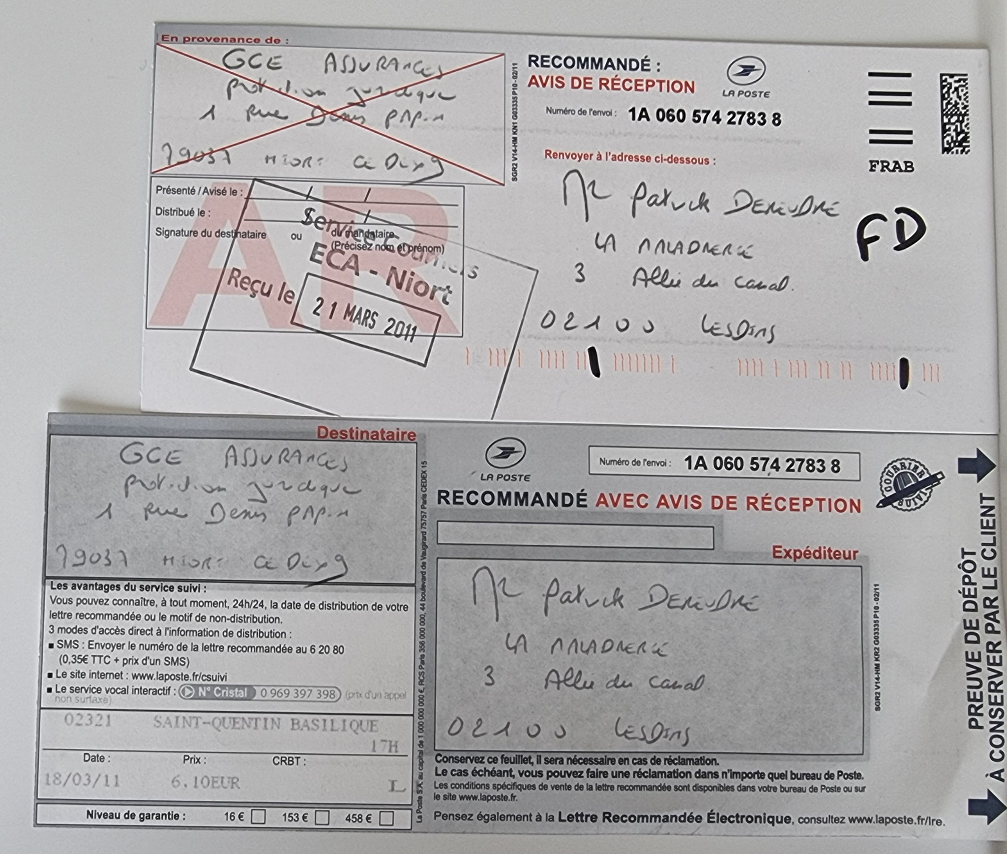 Le 18 Mars 2011 j'adresse une LRAR à ma protection Juridique CGE ASSURANCES que j'ai souscrite à la CAISSE D'EPARGNE de Picardie soit deux pages.     INACCEPTABLE  BORDERLINE    EXPERTISES JUDICIAIRES ENTRE COPAINS...  www.jesuispatrick.fr 