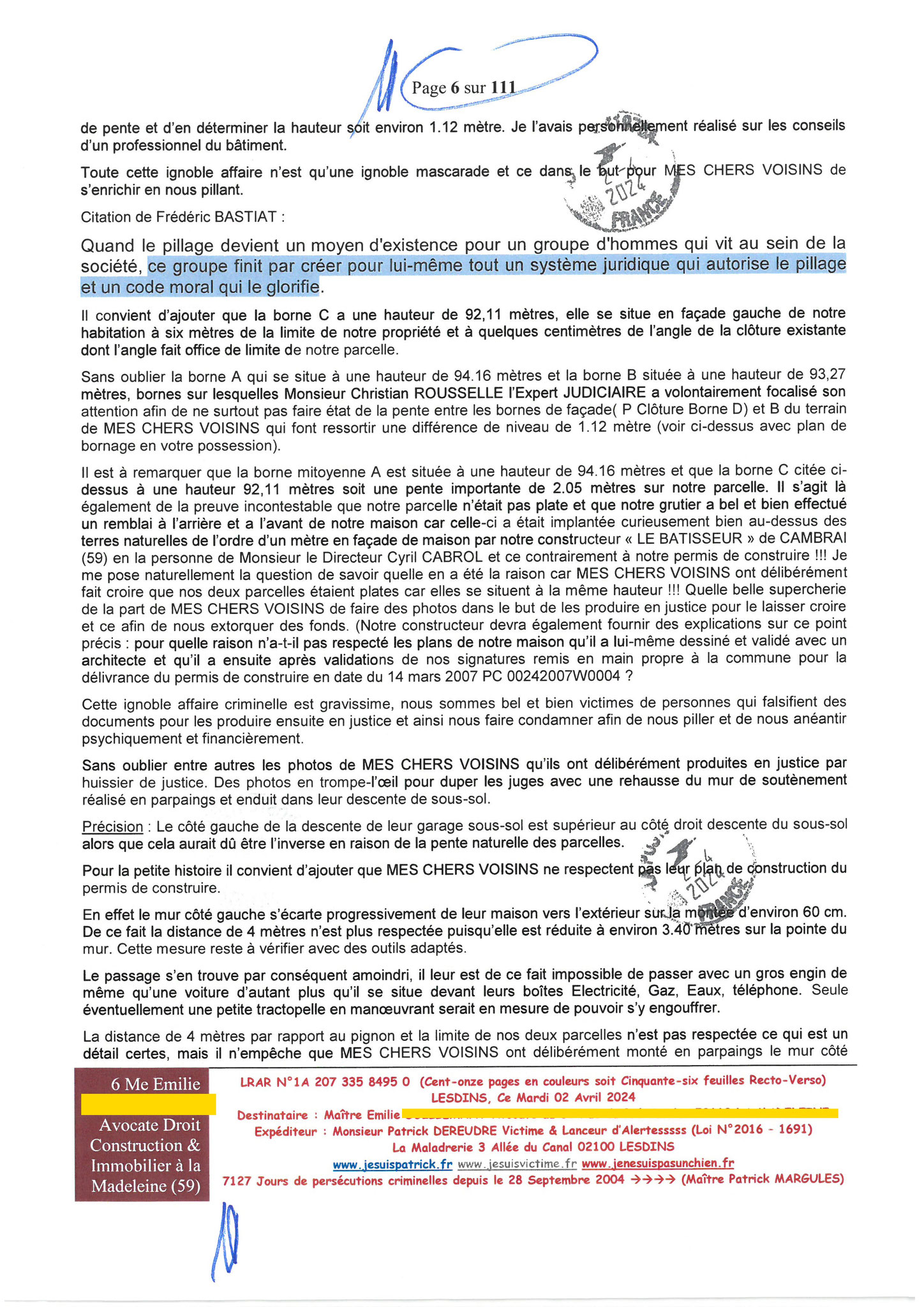 6 sur 111 AFFAIRE CRIMINELLE «MES CHERS VOISINS» Maître vous êtes corrompue  1ère LETTRE RECOMMANDEE OUVERTE MISE EN DEMEURE Mardi 02 Avril 2024