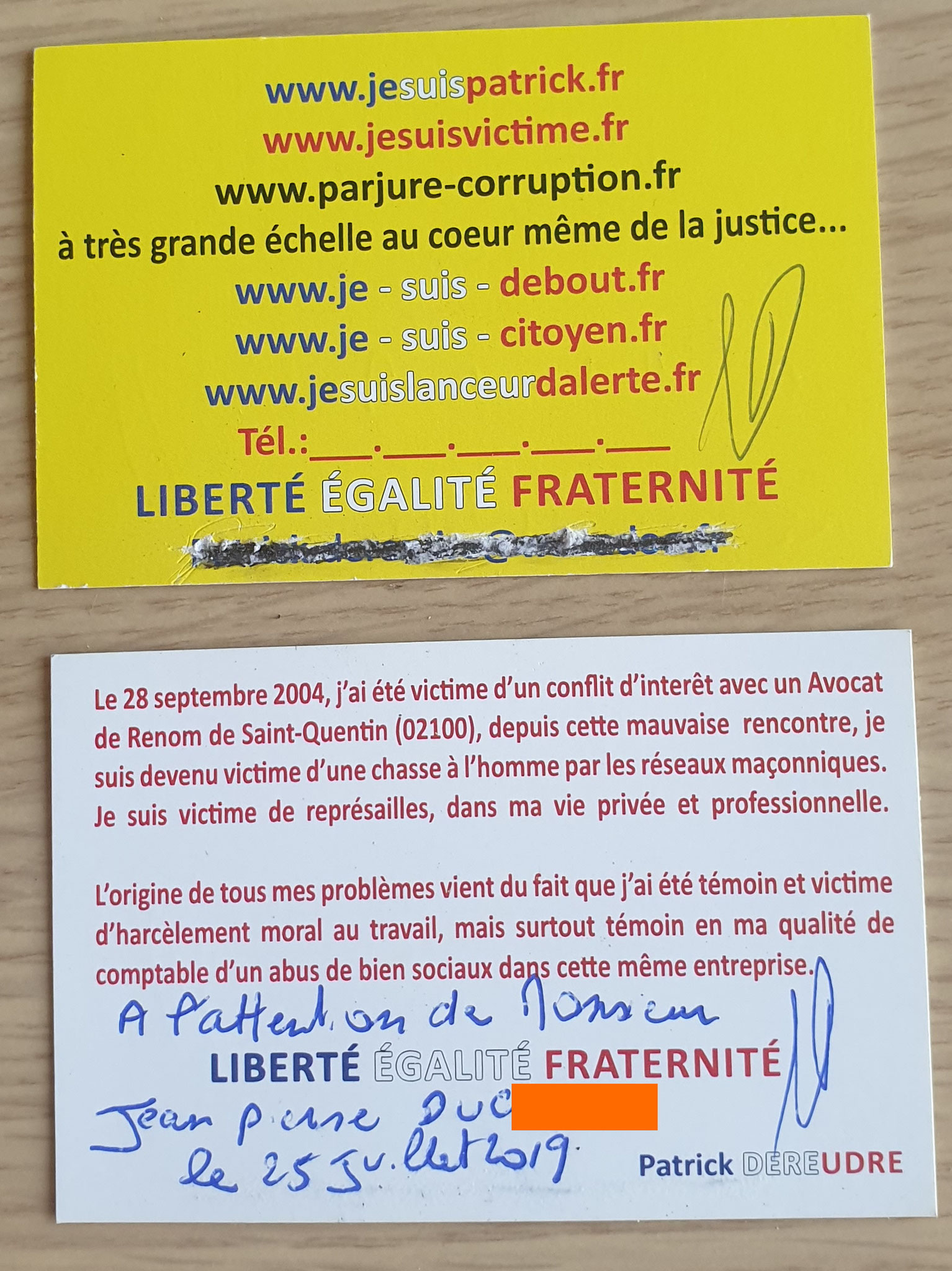 Ma carte de visite remise en main propre le 25 Juillet 2019 à la collaboratrice  de Maître Marc ANTONINI lors de ma plaidoirie au TGI de SAINT-QUENTIN www.jesuispatrick.fr www.jesuisenvie.fr www.jenesuispasunchier.fr #StopVendetta