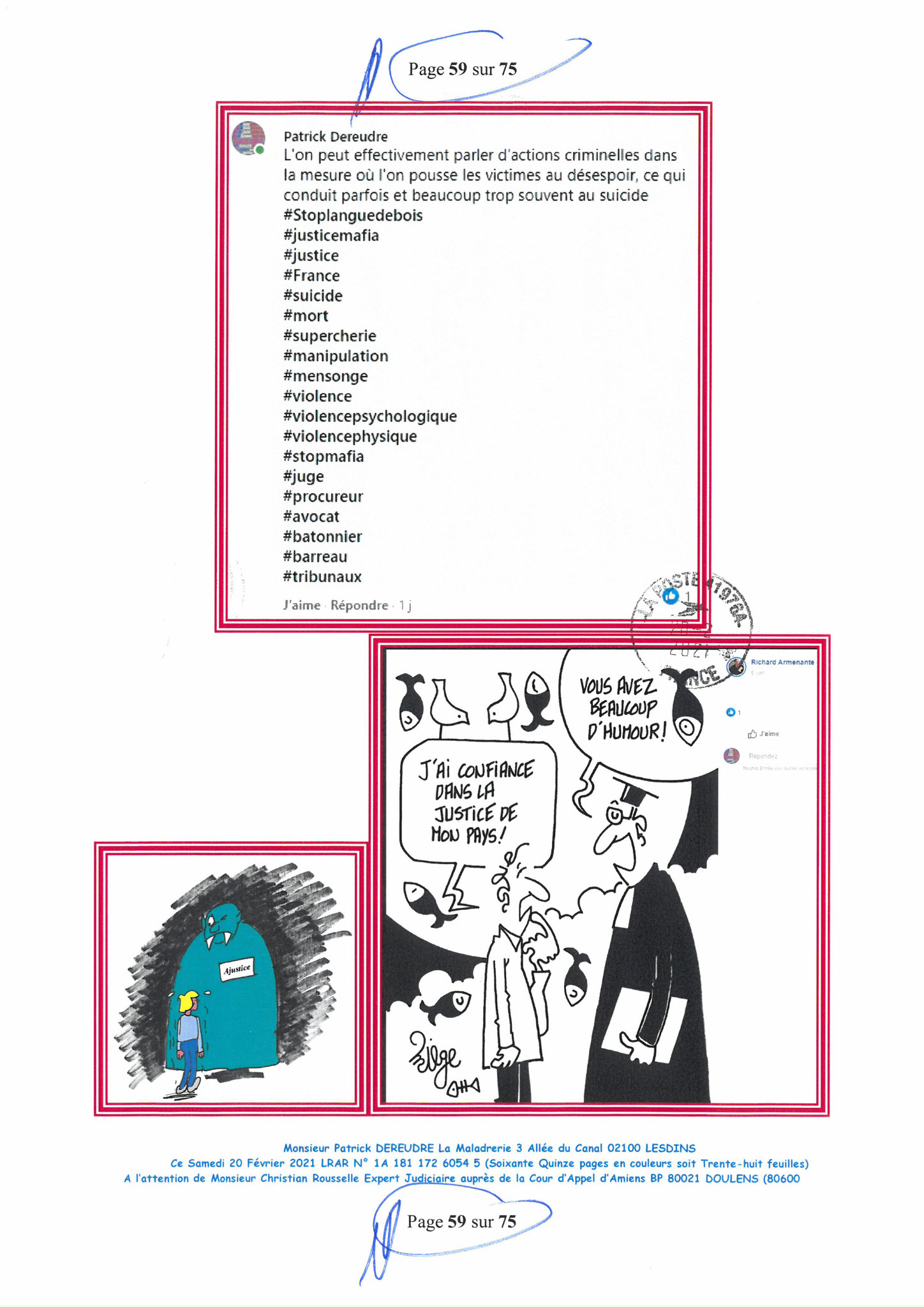 Pièce N°12f) Page 59sur75 AFFAIRE CRIMINELLE «MES CHERS VOISINS» SIGNIFICATION DE JUGEMENT, Violences, Extorsion de Fonds, Tentative Extorsion de Fonds, Maître Marc ANTONINI à l'œuvre et ce avec la bénédiction de nos Institutions www.jesuispatrick.fr