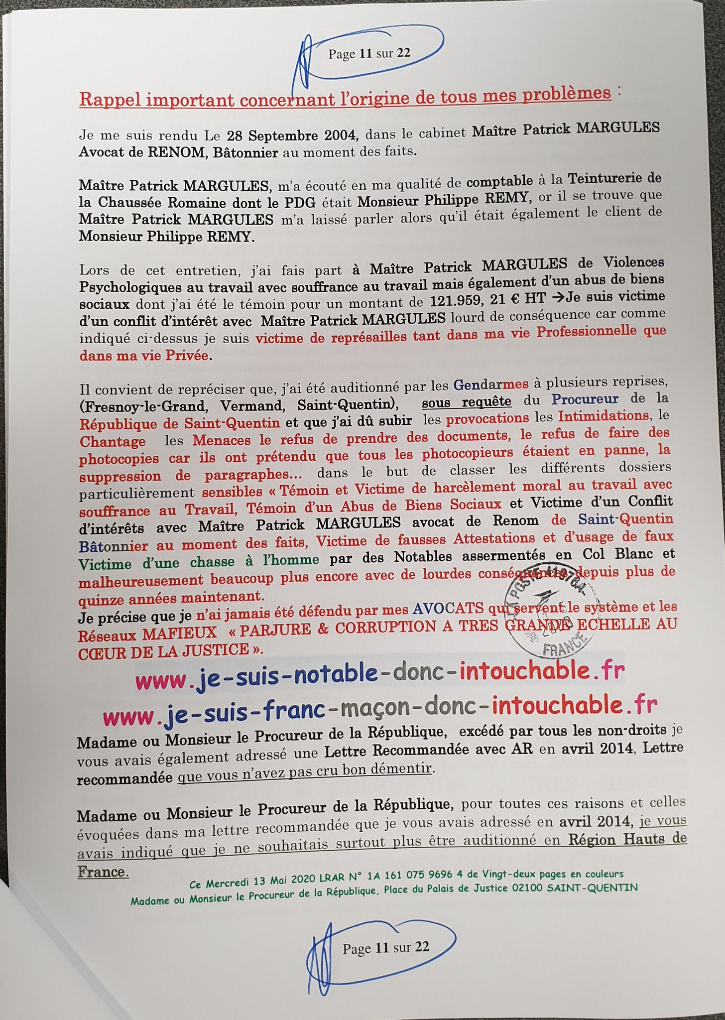 Mon dépôt de Plainte du 13 Mai 2020 auprès du Procureur de la République de Saint-Quentin Pour Violences en Bande Organisée à l'encontre des Taxis VASSEUR SERVICES www.jenesuispasunchien.fr www.jesuisvictime.fr www.jesuispatrick.fr