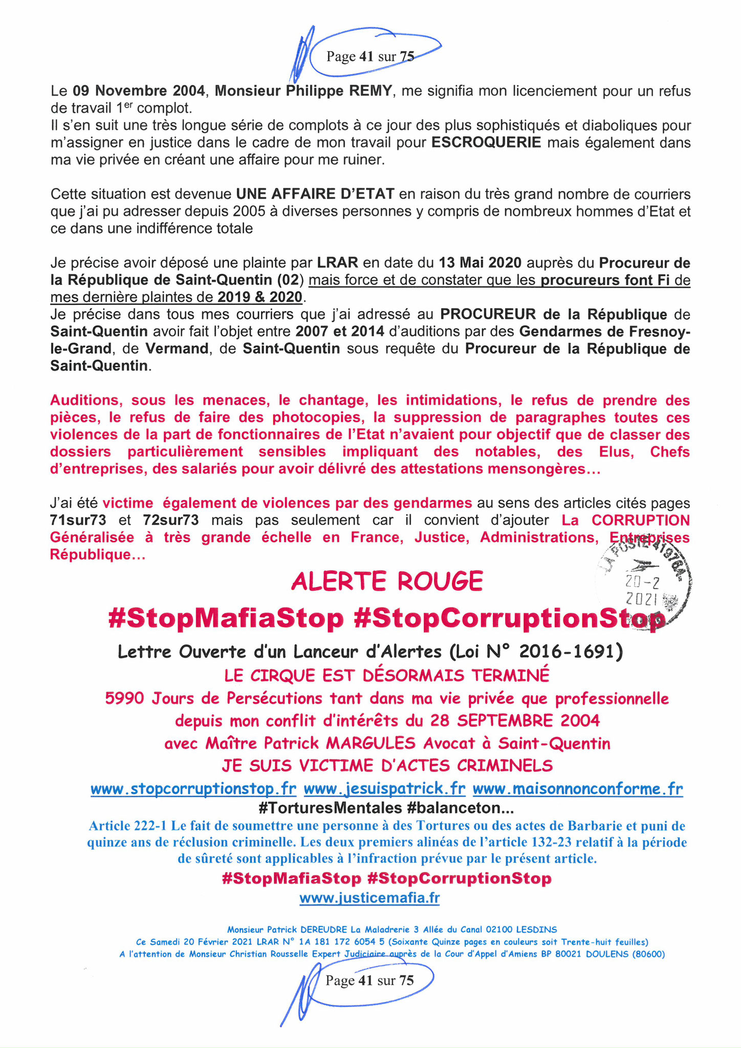 Pièce N°11f) Page 41sur75 AFFAIRE CRIMINELLE «MES CHERS VOISINS» SIGNIFICATION DE JUGEMENT, Violences, Extorsion de Fonds, Tentative Extorsion de Fonds, Maître Marc ANTONINI à l'œuvre et ce avec la bénédiction de nos Institutions www.jesuispatrick.fr